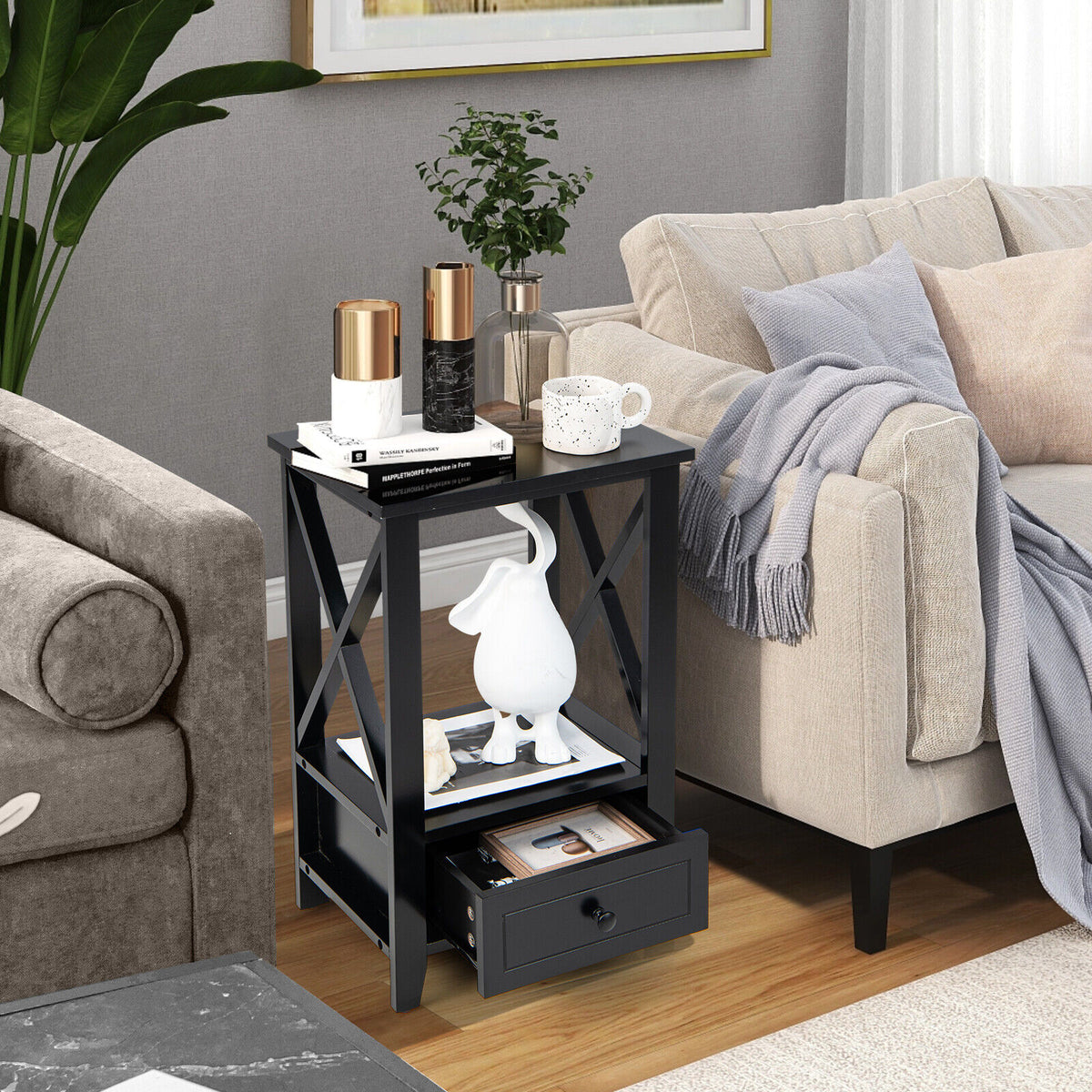 2-Tier 16 x 14 Inch Multifunctional Nightstand with Storage Drawer-Black-Nightstands-DECOROLALA