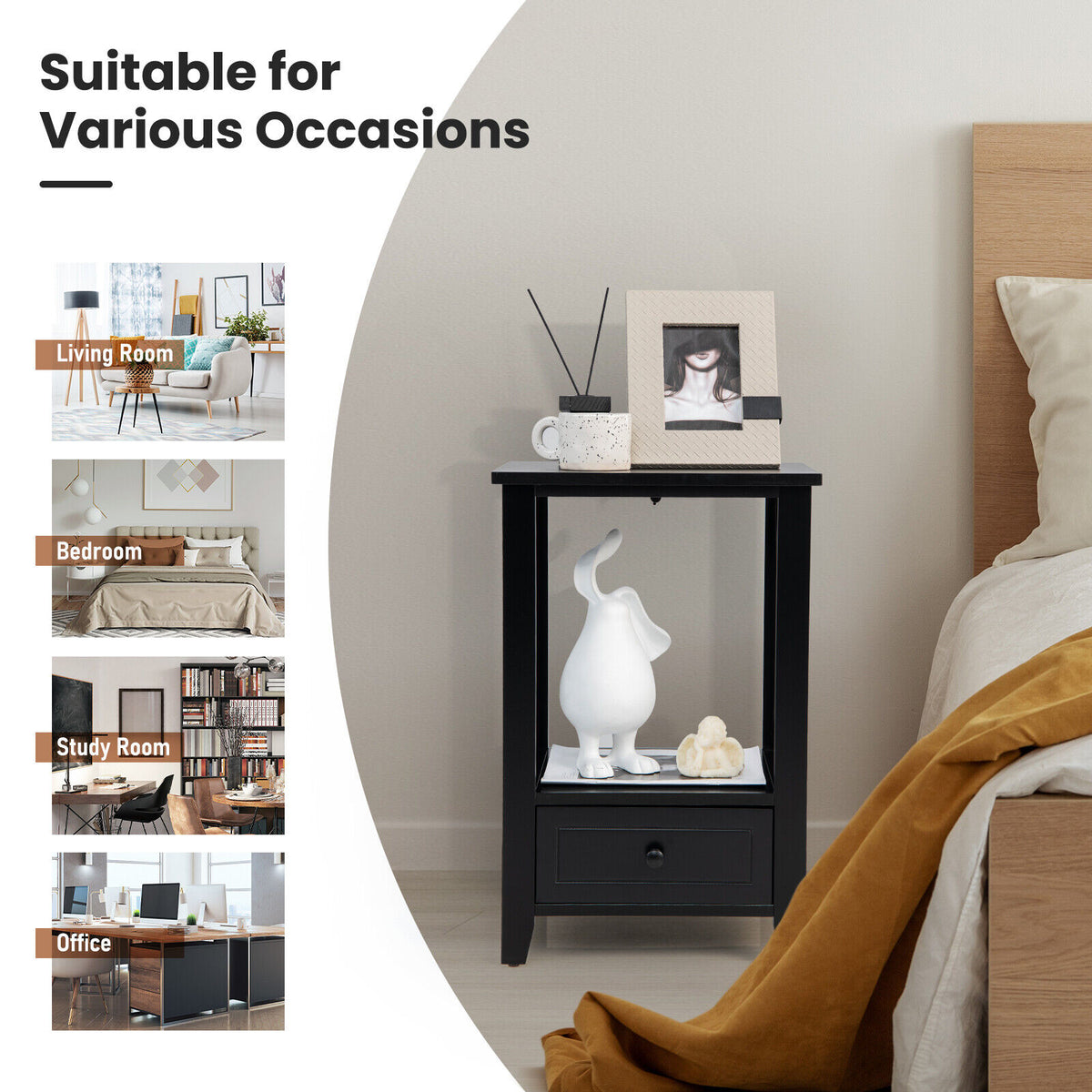 2-Tier 16 x 14 Inch Multifunctional Nightstand with Storage Drawer-Black-Nightstands-DECOROLALA