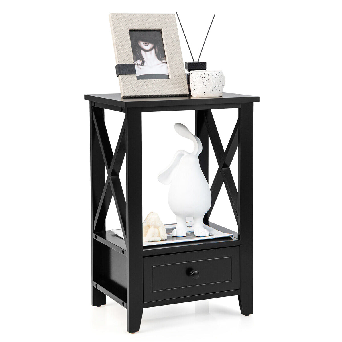 2-Tier 16 x 14 Inch Multifunctional Nightstand with Storage Drawer-Black-Nightstands-DECOROLALA