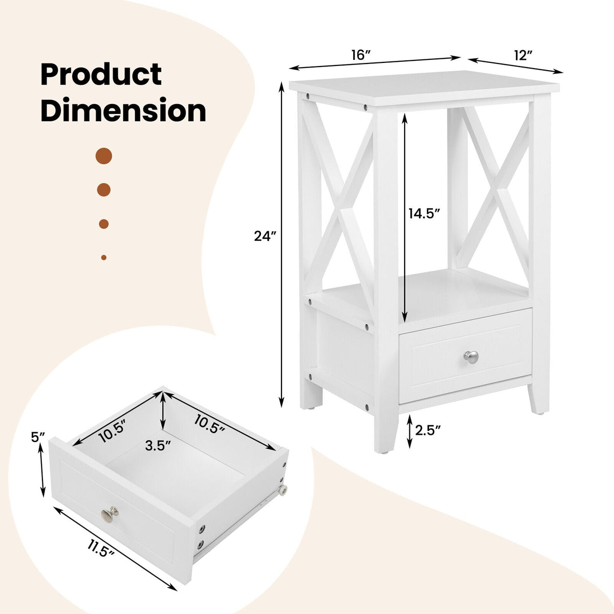2-Tier 16 x 14 Inch Multifunctional Nightstand with Storage Drawer-White-Nightstands-DECOROLALA