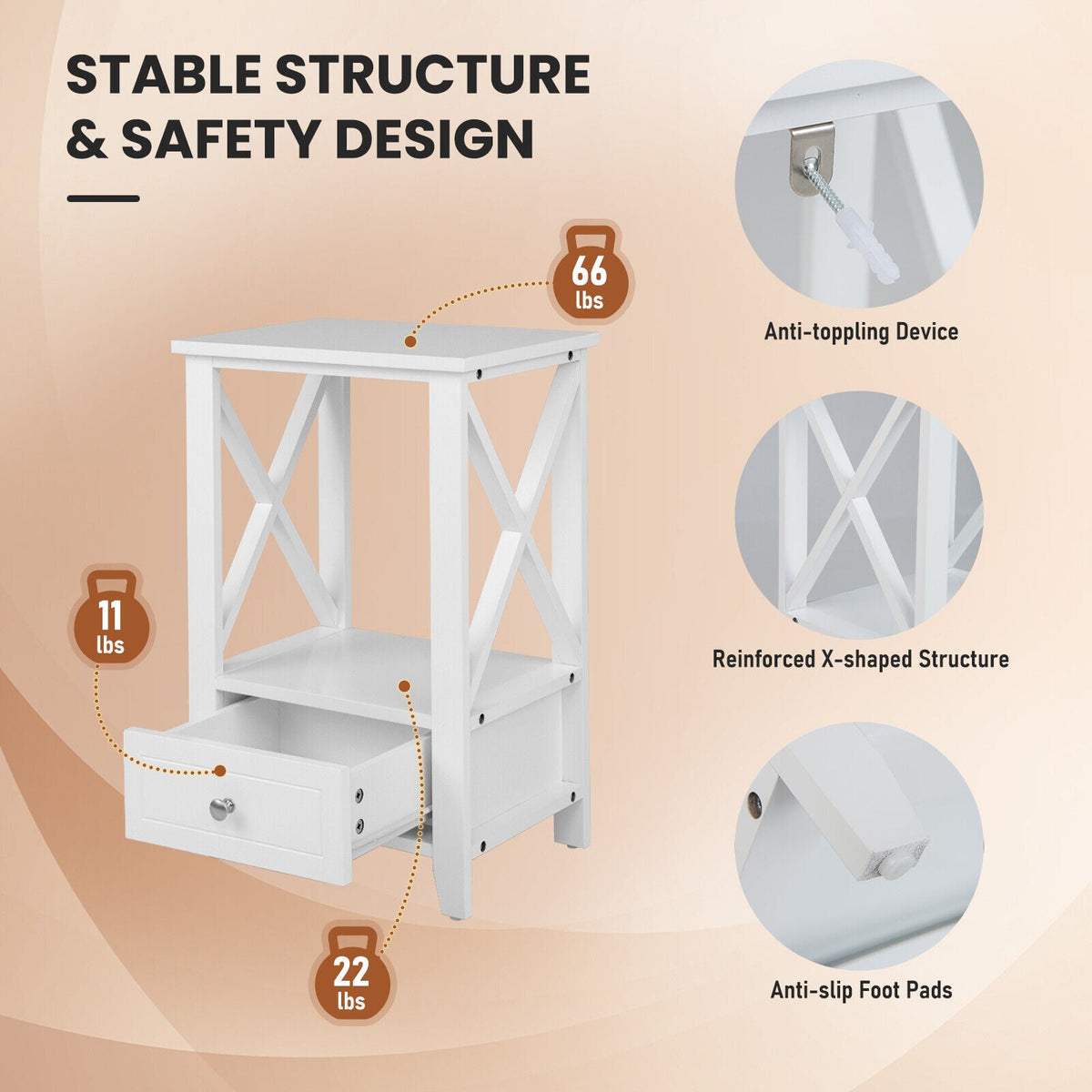 2-Tier 16 x 14 Inch Multifunctional Nightstand with Storage Drawer-White-Nightstands-DECOROLALA