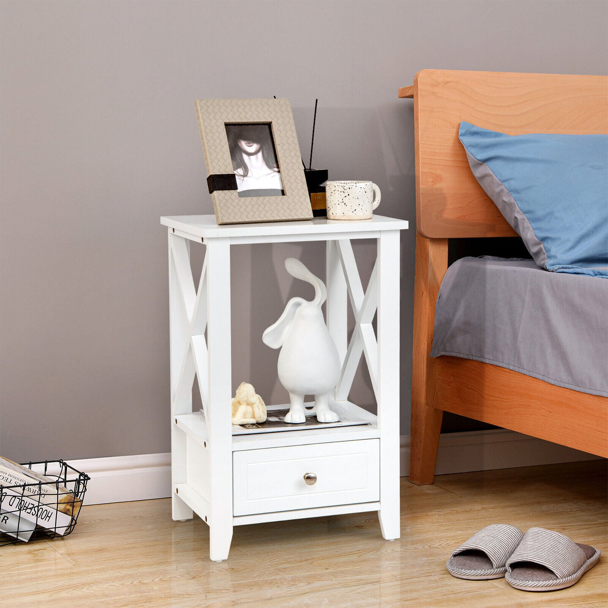 2-Tier 16 x 14 Inch Multifunctional Nightstand with Storage Drawer-White-Nightstands-DECOROLALA