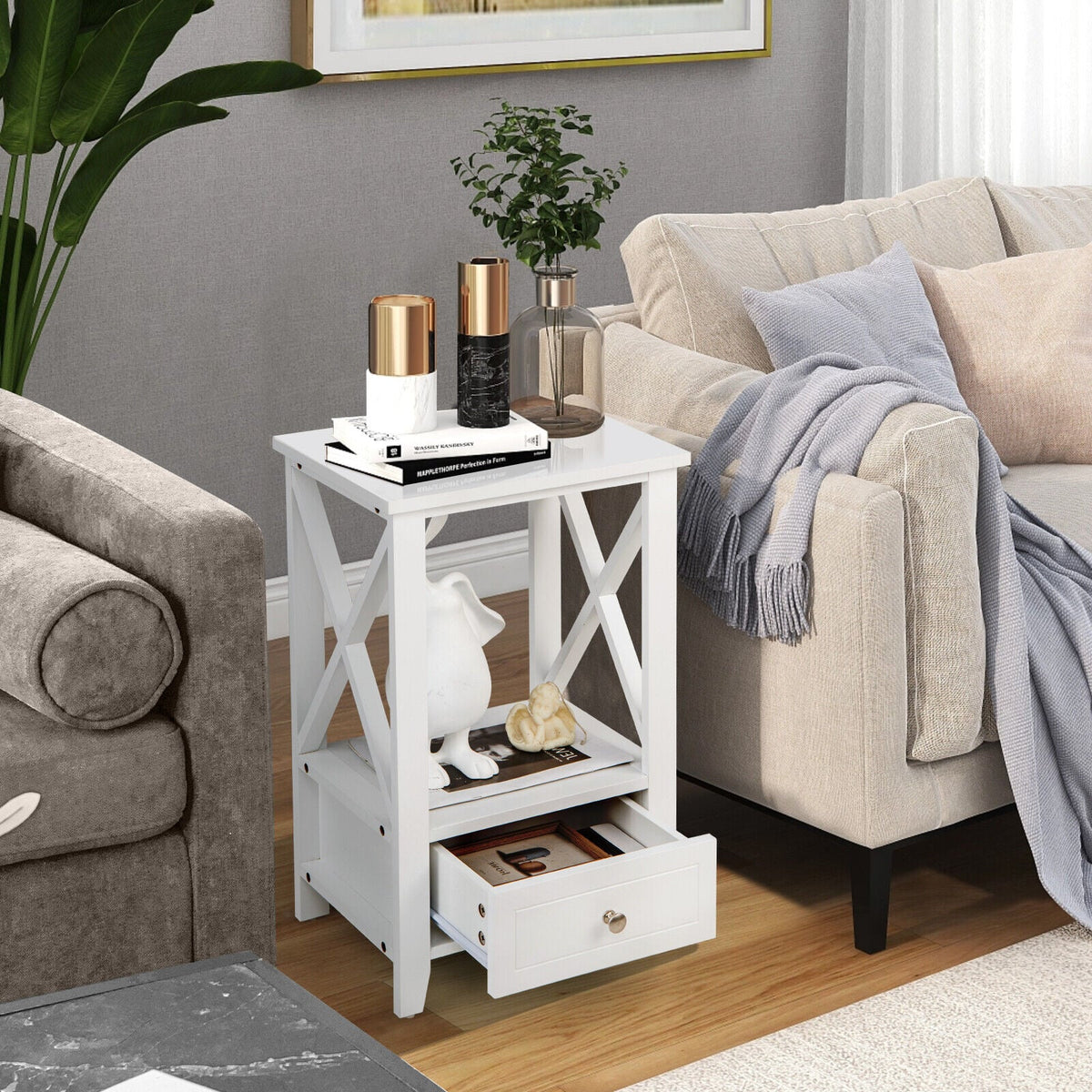 2-Tier 16 x 14 Inch Multifunctional Nightstand with Storage Drawer-White-Nightstands-DECOROLALA
