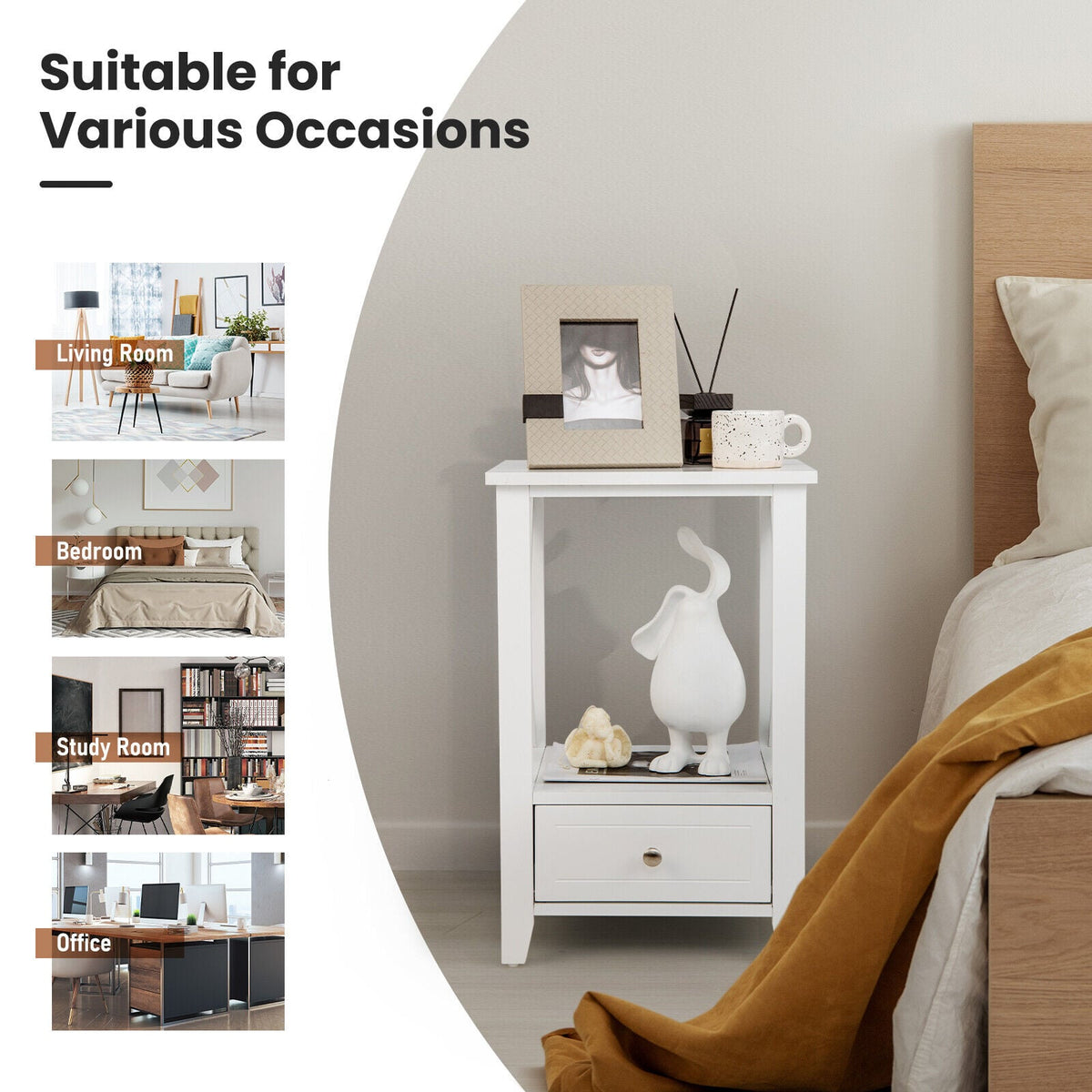 2-Tier 16 x 14 Inch Multifunctional Nightstand with Storage Drawer-White-Nightstands-DECOROLALA