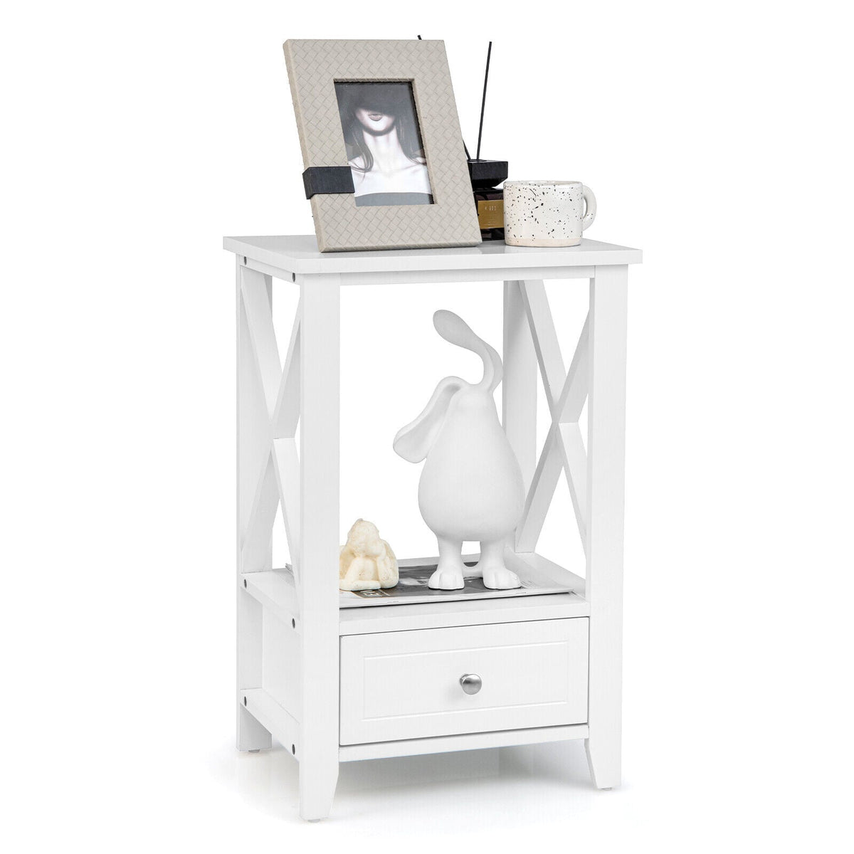 2-Tier 16 x 14 Inch Multifunctional Nightstand with Storage Drawer-White-Nightstands-DECOROLALA