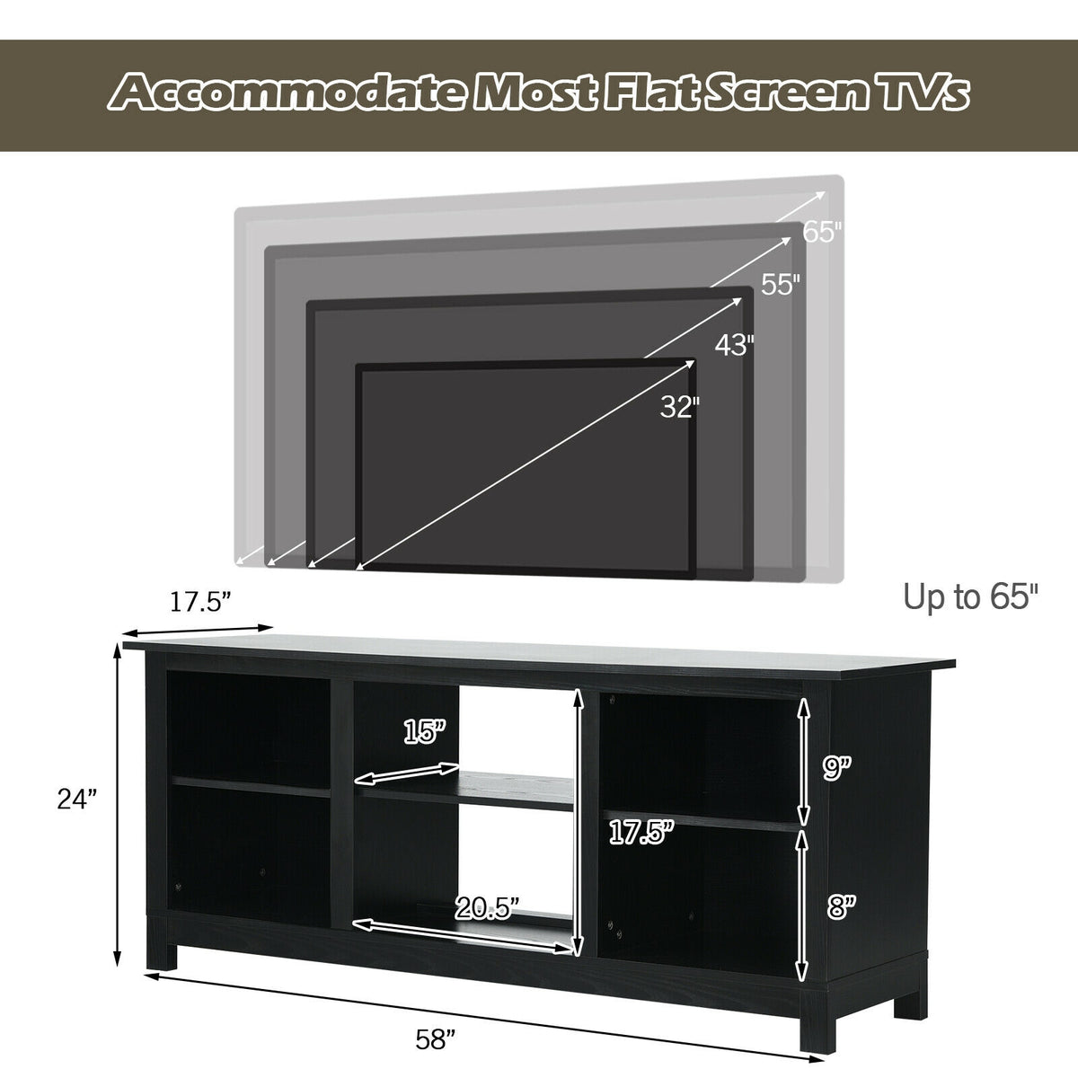 2-Tier 58 Inches TV Stand Entertainment Media Console Center-Black-Entertainment Centers & TV Stands-DECOROLALA