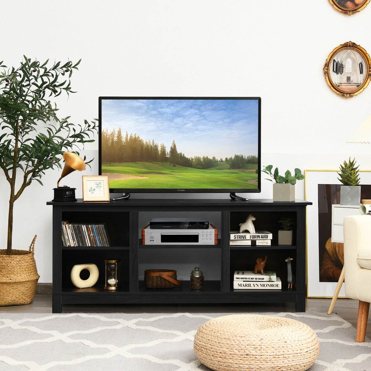 2-Tier 58 Inches TV Stand Entertainment Media Console Center-Black-Entertainment Centers & TV Stands-DECOROLALA