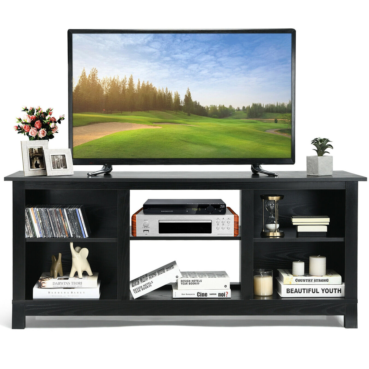 2-Tier 58 Inches TV Stand Entertainment Media Console Center-Black-Entertainment Centers & TV Stands-DECOROLALA