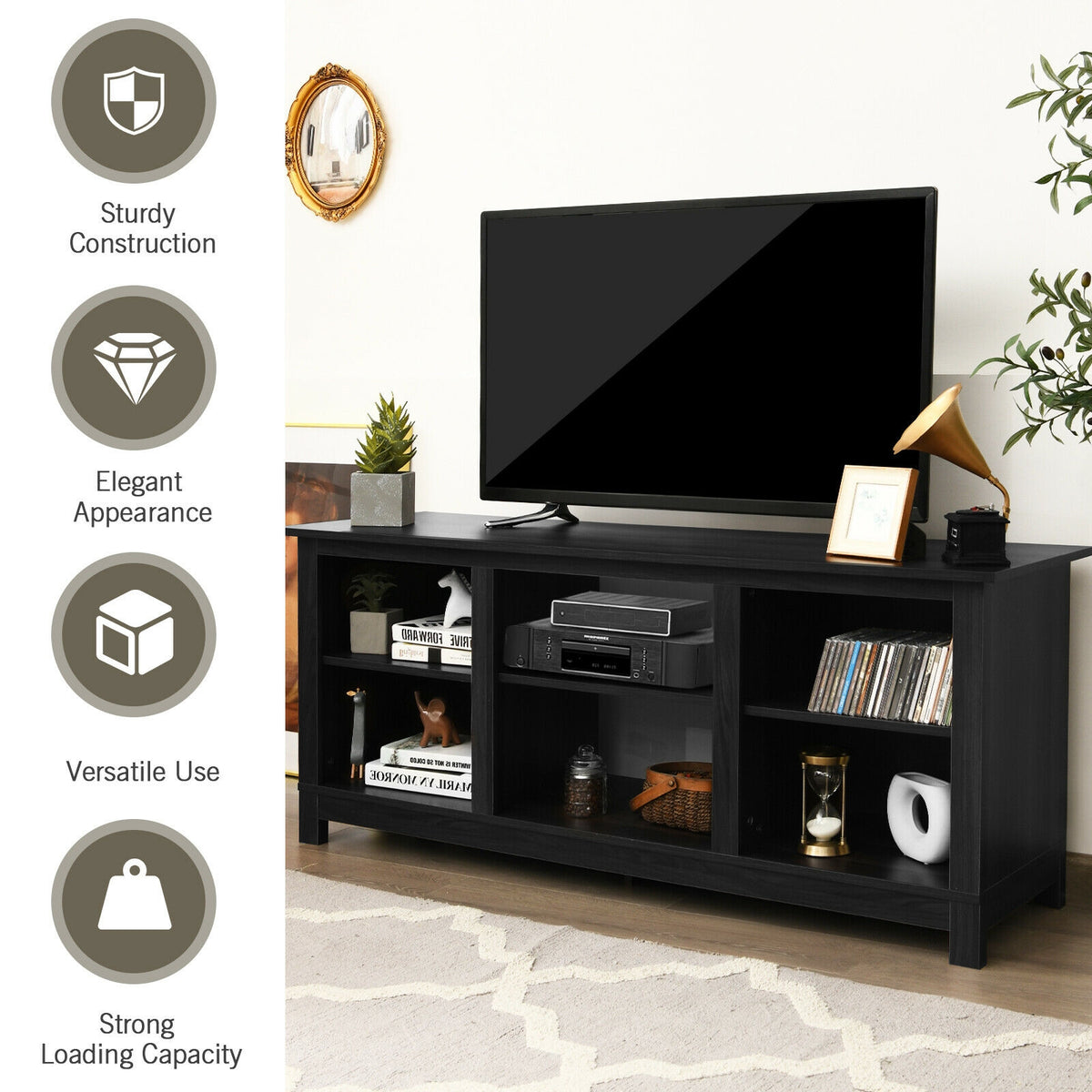 2-Tier 58 Inches TV Stand Entertainment Media Console Center-Black-Entertainment Centers & TV Stands-DECOROLALA