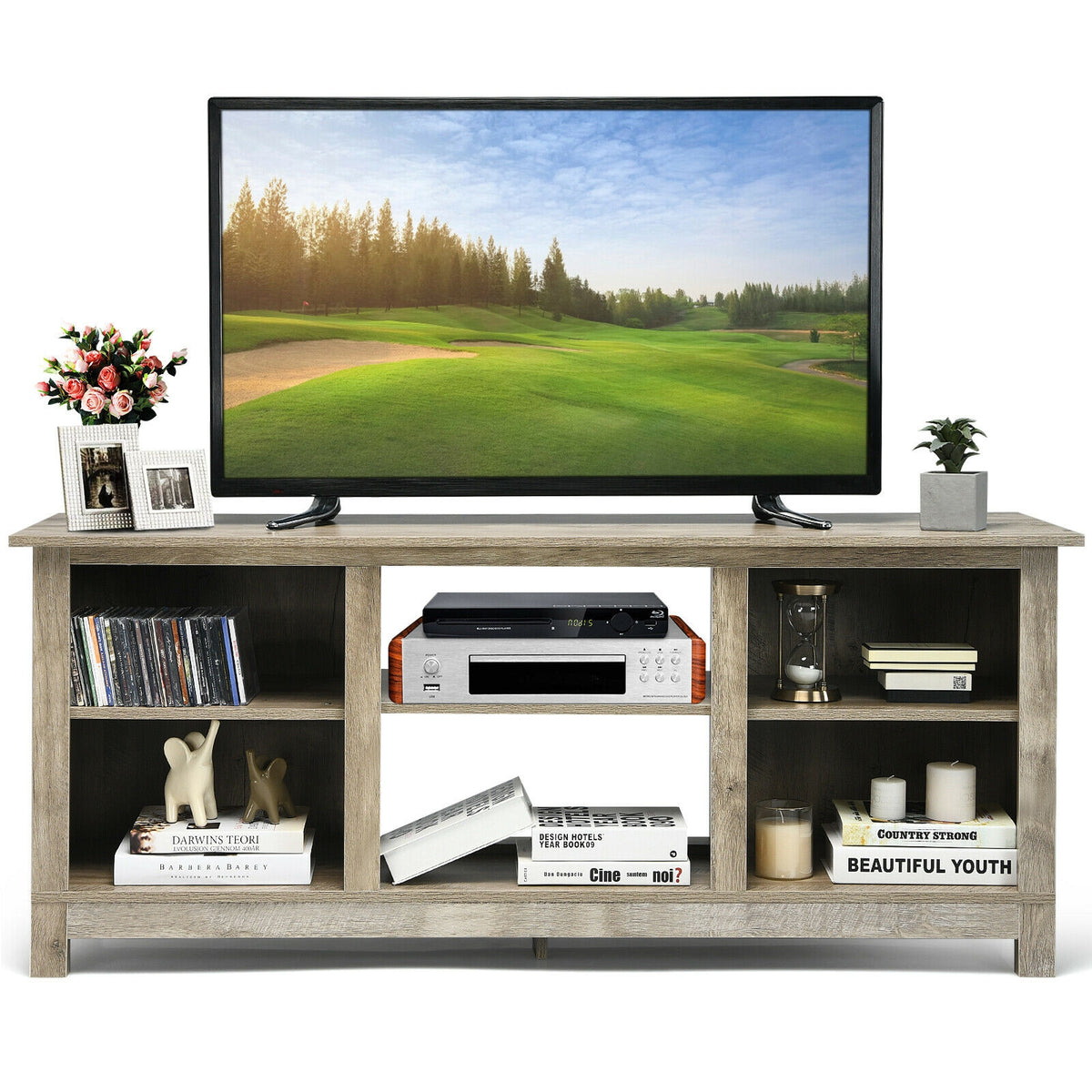 2-Tier 58 Inches TV Stand Entertainment Media Console Center-Gray-Entertainment Centers & TV Stands-DECOROLALA