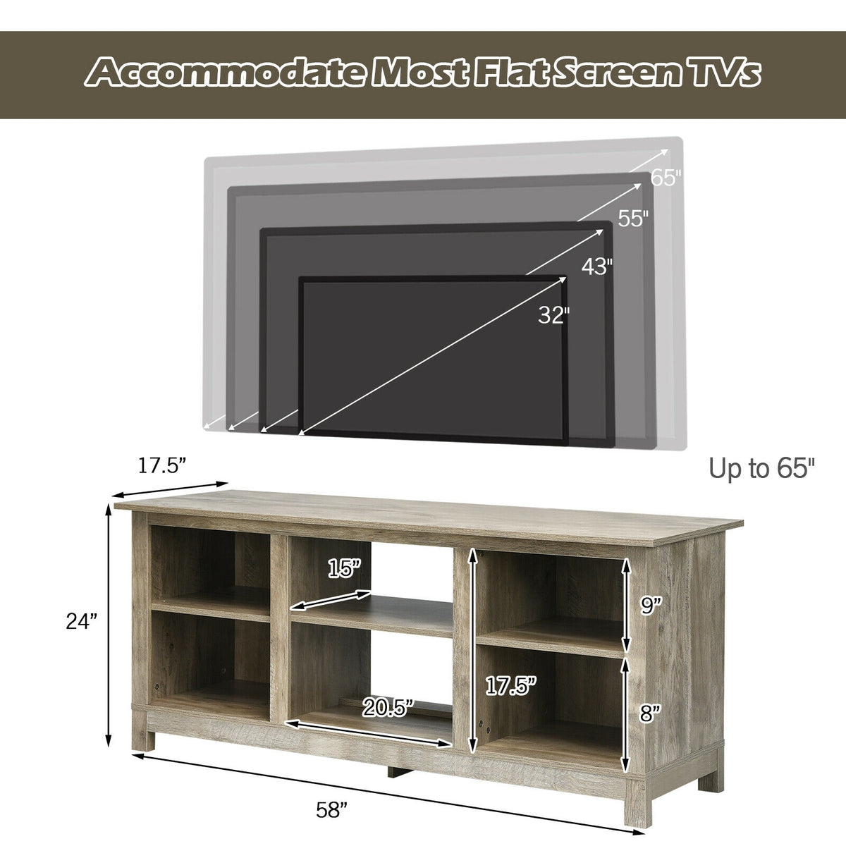 2-Tier 58 Inches TV Stand Entertainment Media Console Center-Gray-Entertainment Centers & TV Stands-DECOROLALA