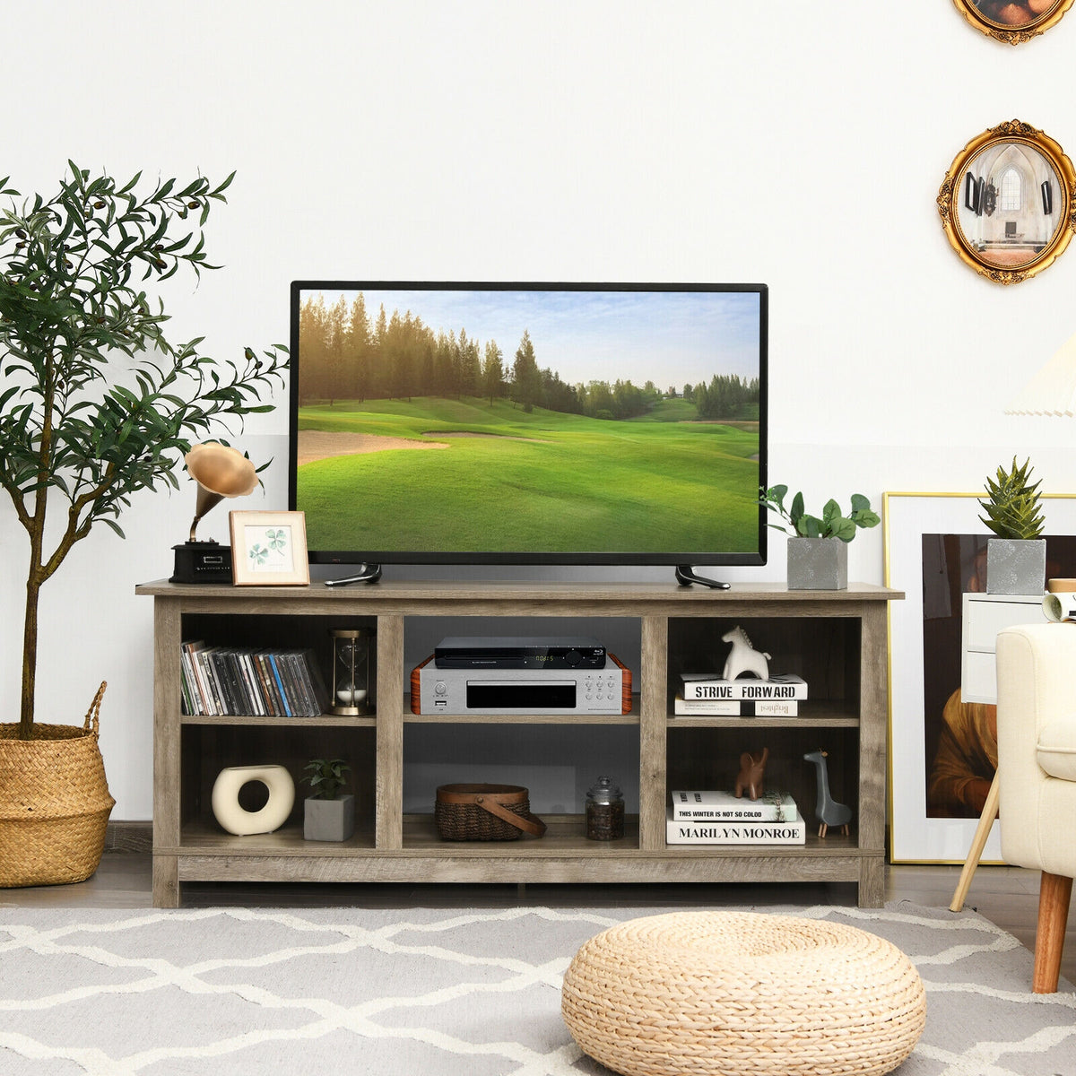 2-Tier 58 Inches TV Stand Entertainment Media Console Center-Gray-Entertainment Centers & TV Stands-DECOROLALA