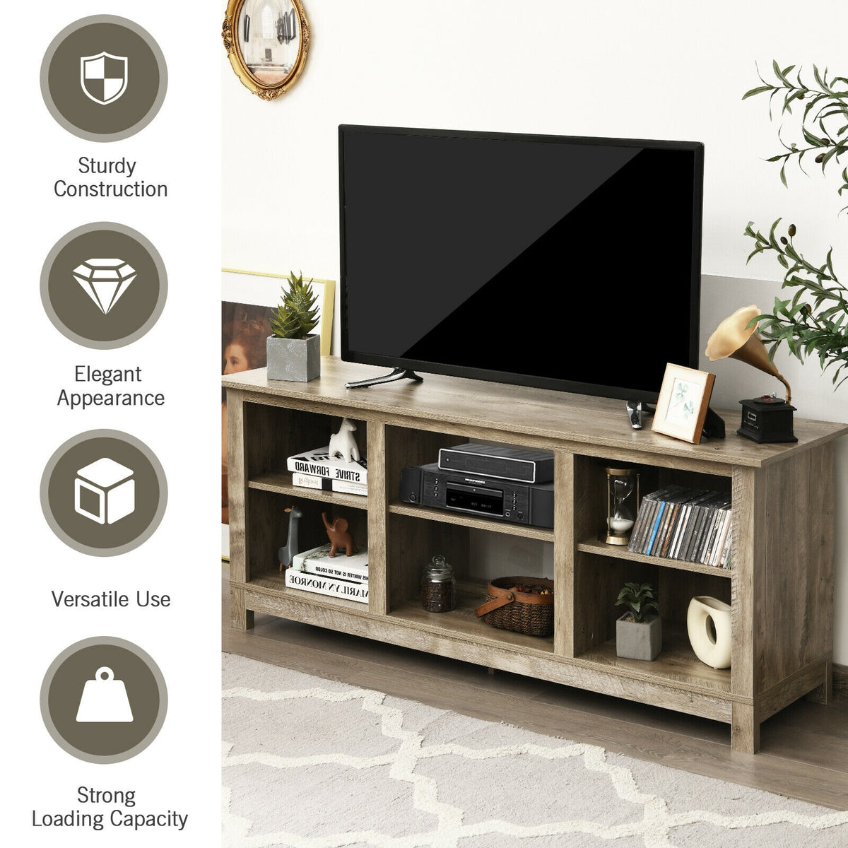 2-Tier 58 Inches TV Stand Entertainment Media Console Center-Gray-Entertainment Centers & TV Stands-DECOROLALA