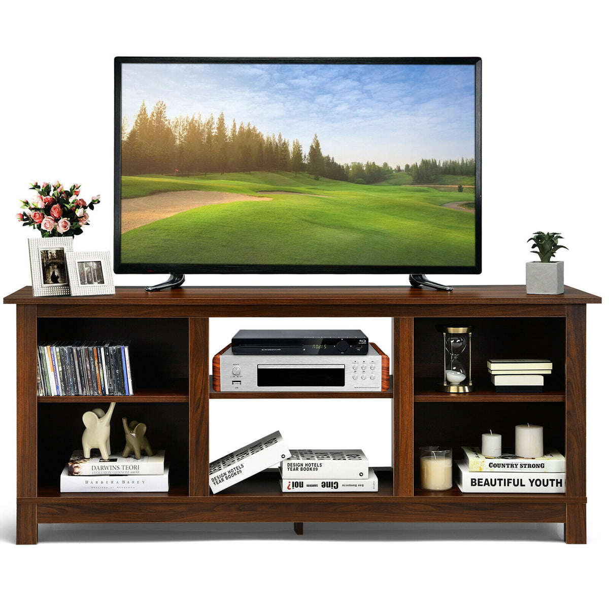 2-Tier 58 Inches TV Stand Entertainment Media Console Center-Walnut-Entertainment Centers & TV Stands-DECOROLALA