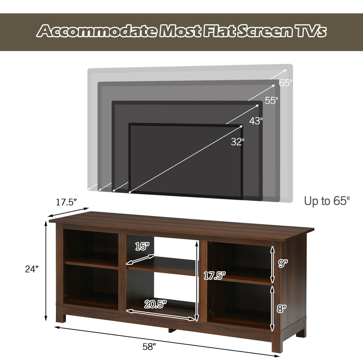 2-Tier 58 Inches TV Stand Entertainment Media Console Center-Walnut-Entertainment Centers & TV Stands-DECOROLALA