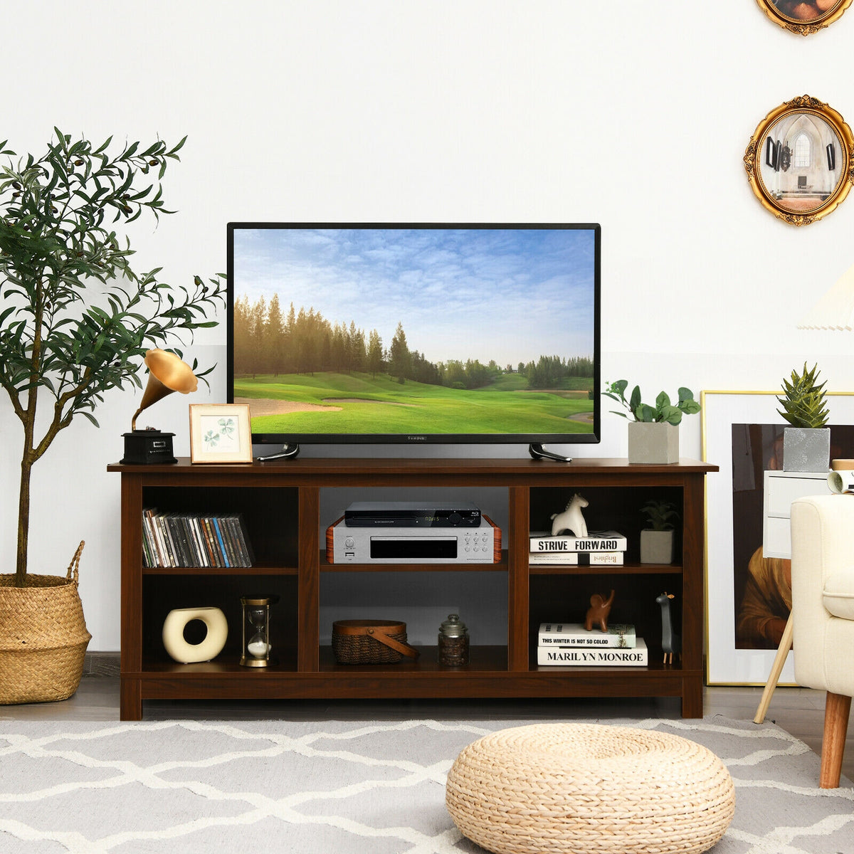 2-Tier 58 Inches TV Stand Entertainment Media Console Center-Walnut-Entertainment Centers & TV Stands-DECOROLALA