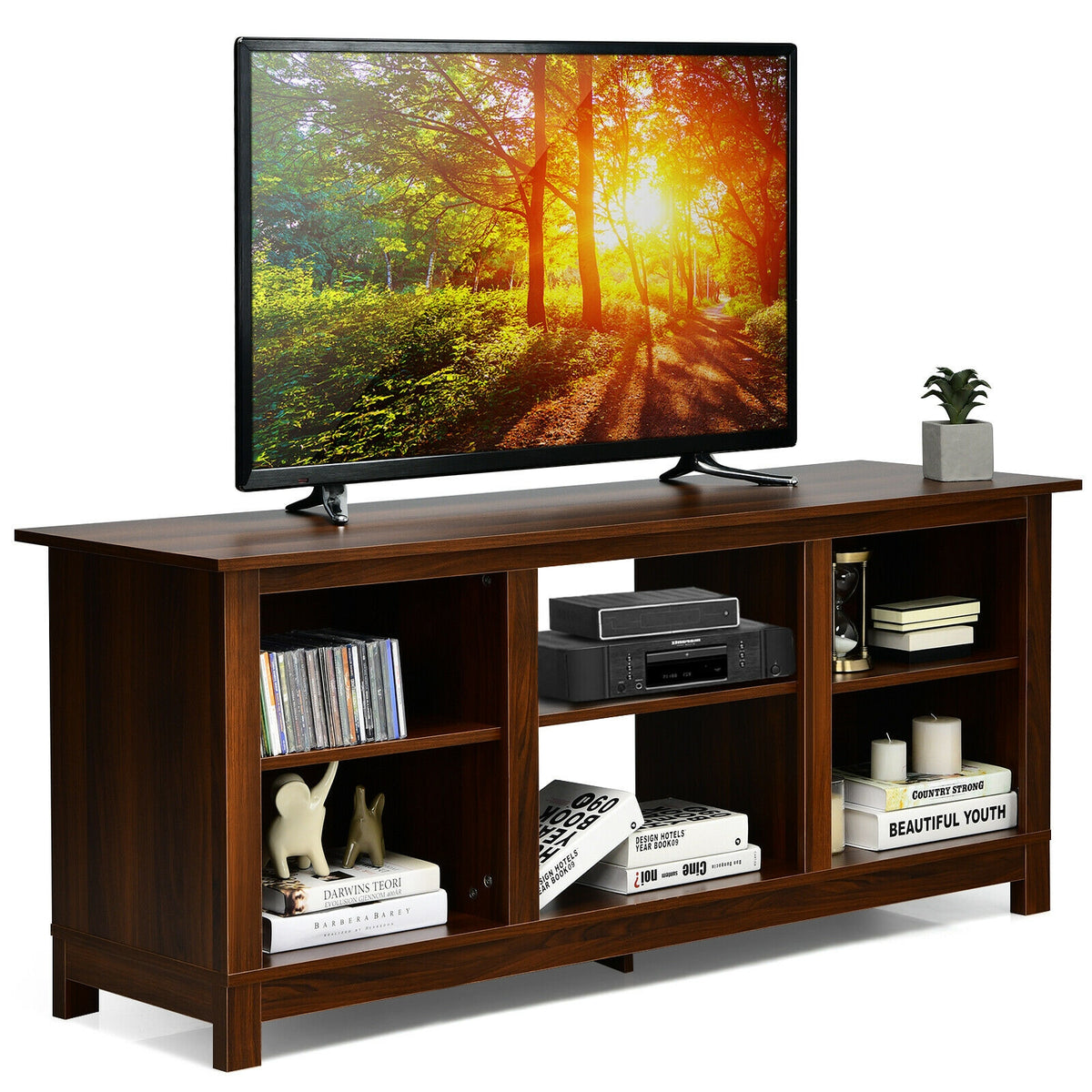 2-Tier 58 Inches TV Stand Entertainment Media Console Center-Walnut-Entertainment Centers & TV Stands-DECOROLALA