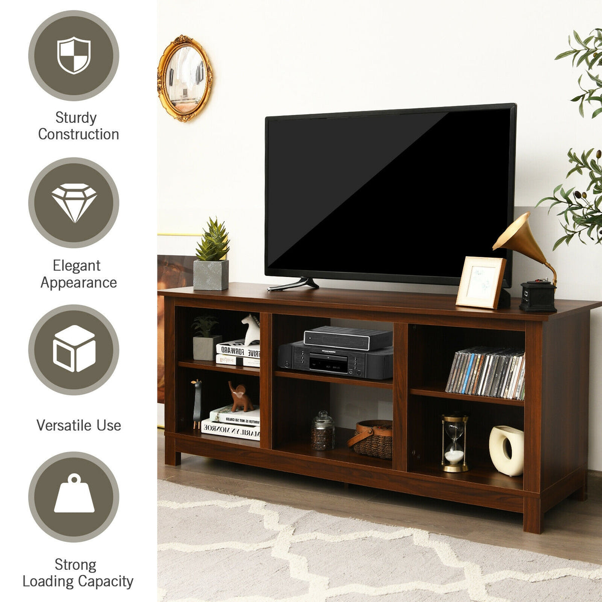 2-Tier 58 Inches TV Stand Entertainment Media Console Center-Walnut-Entertainment Centers & TV Stands-DECOROLALA