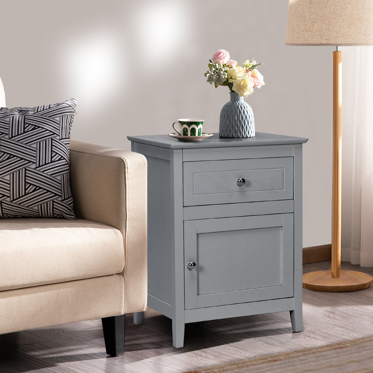 2-Tier Accent Table with Spacious Tabletop-Gray-Nightstands-DECOROLALA