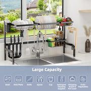 2 Tier Adjustable Over Sink Dish Drying Rack with 8 Hooks-Dish Racks-DECOROLALA