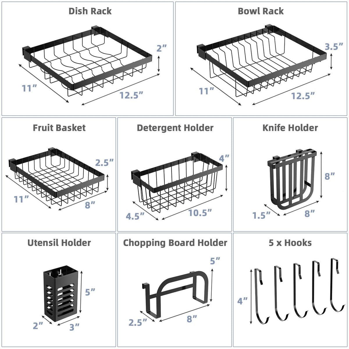 2 Tier Adjustable Over Sink Dish Drying Rack with 8 Hooks-Dish Racks-DECOROLALA