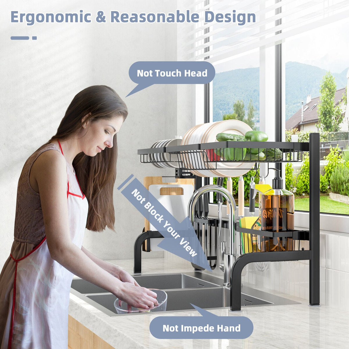 2 Tier Adjustable Over Sink Dish Drying Rack with 8 Hooks-Dish Racks-DECOROLALA