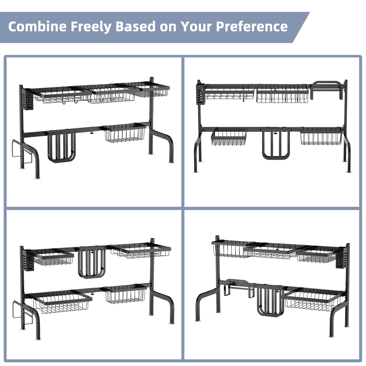 2 Tier Adjustable Over Sink Dish Drying Rack with 8 Hooks-Dish Racks-DECOROLALA