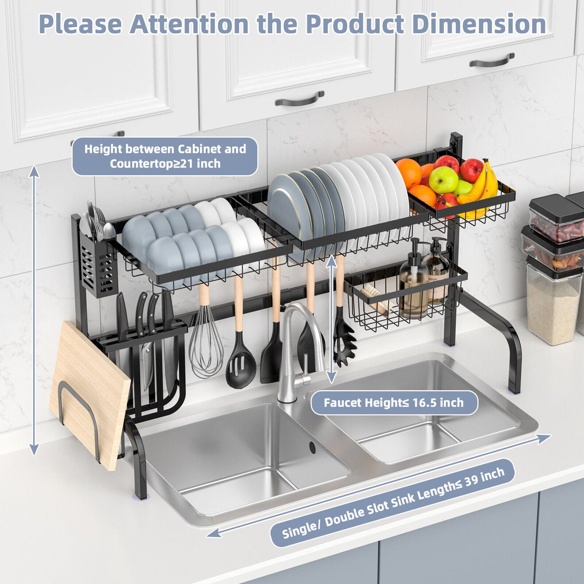 2 Tier Adjustable Over Sink Dish Drying Rack with 8 Hooks-Dish Racks-DECOROLALA