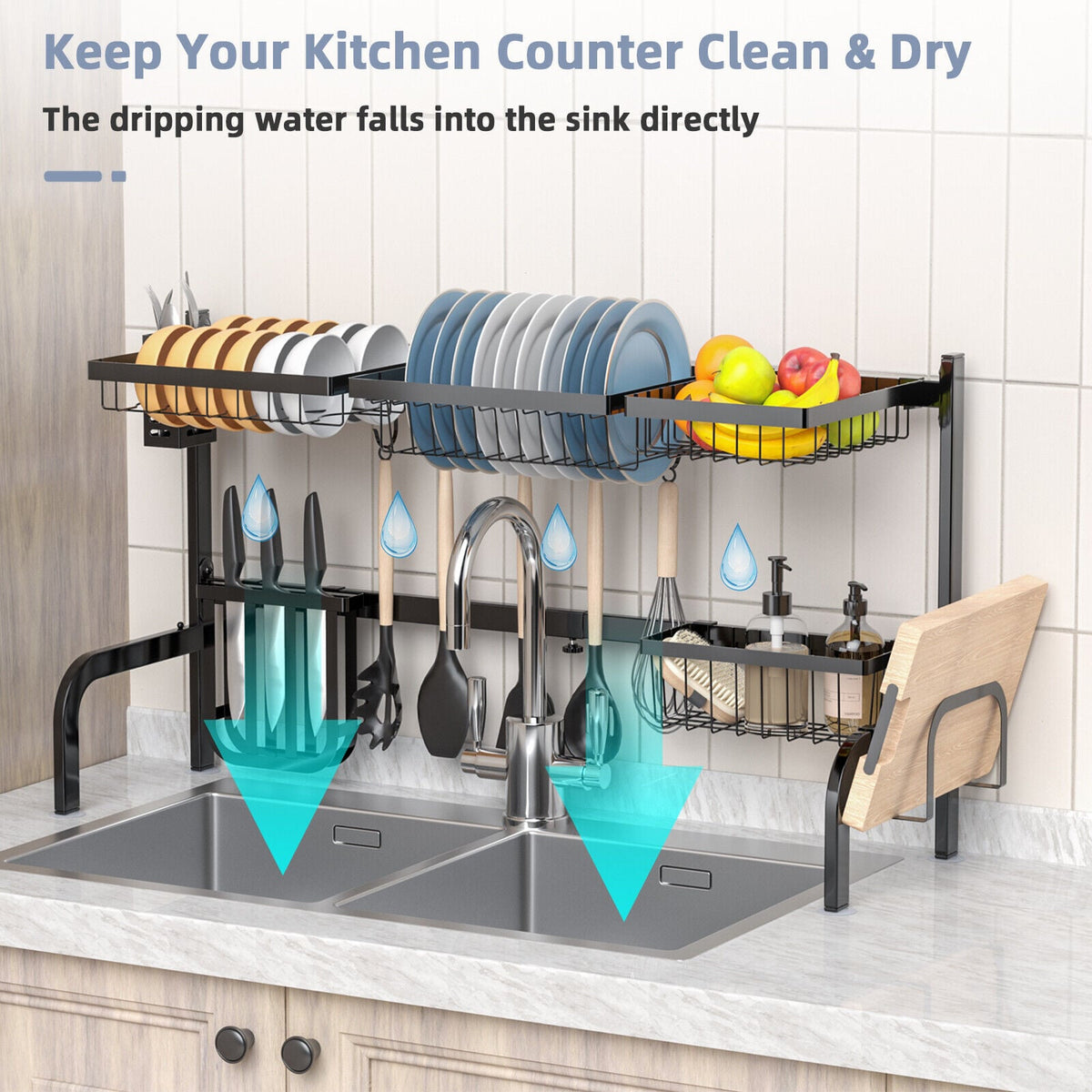 2 Tier Adjustable Over Sink Dish Drying Rack with 8 Hooks-Dish Racks-DECOROLALA