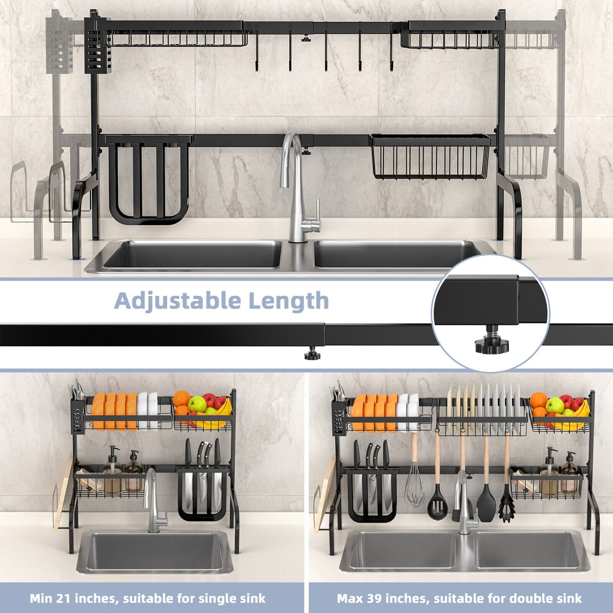 2 Tier Adjustable Over Sink Dish Drying Rack with 8 Hooks-Dish Racks-DECOROLALA