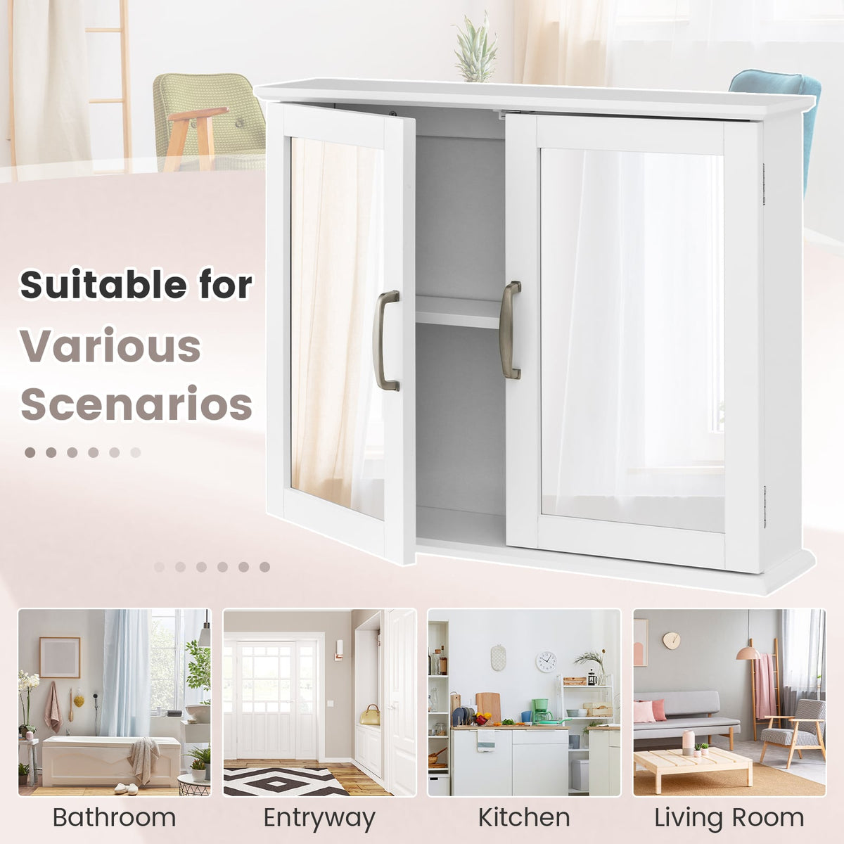 2-Tier Bathroom Wall-Mounted Mirror Storage Cabinet - White-Wall Cabinets-DECOROLALA