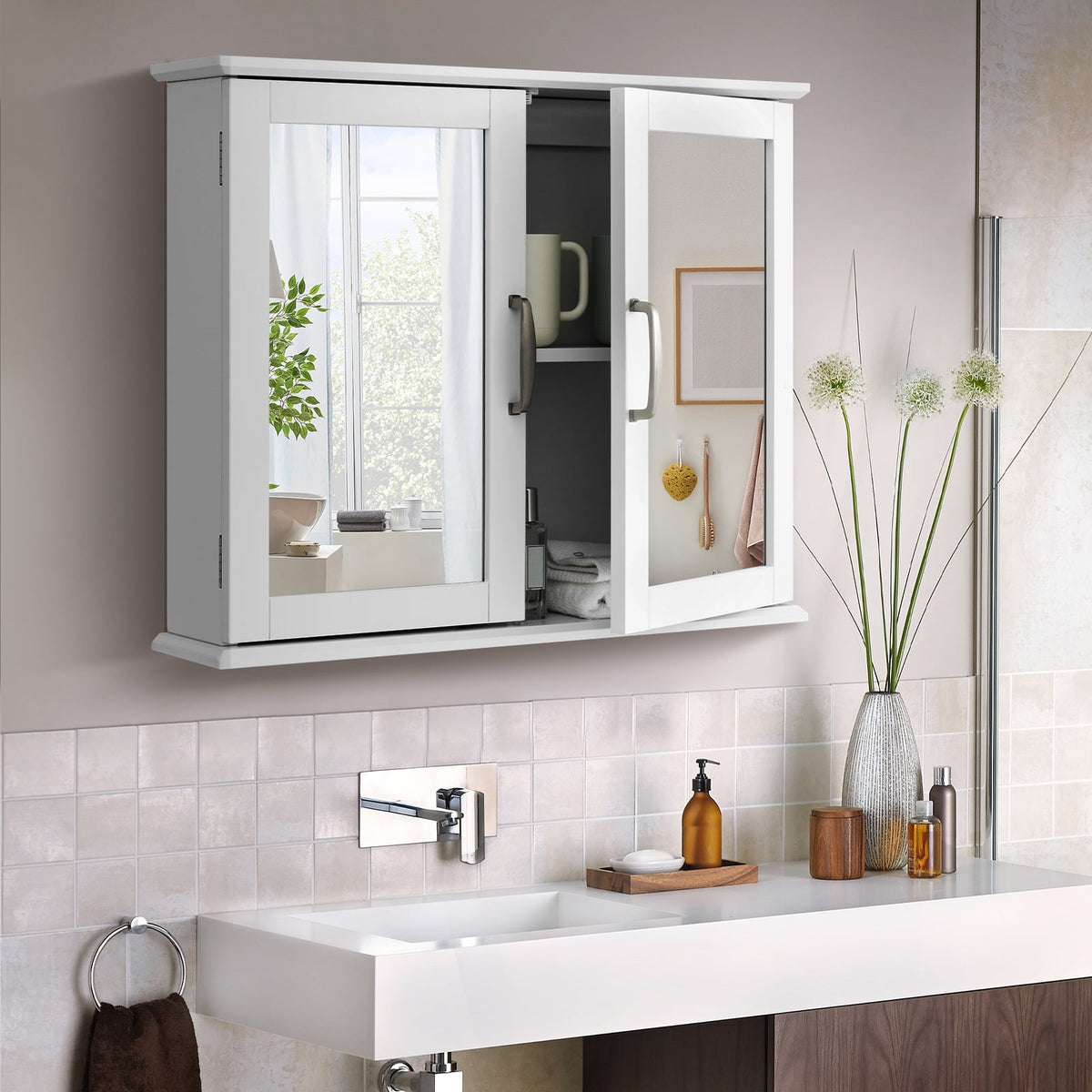 2-Tier Bathroom Wall-Mounted Mirror Storage Cabinet - White-Wall Cabinets-DECOROLALA