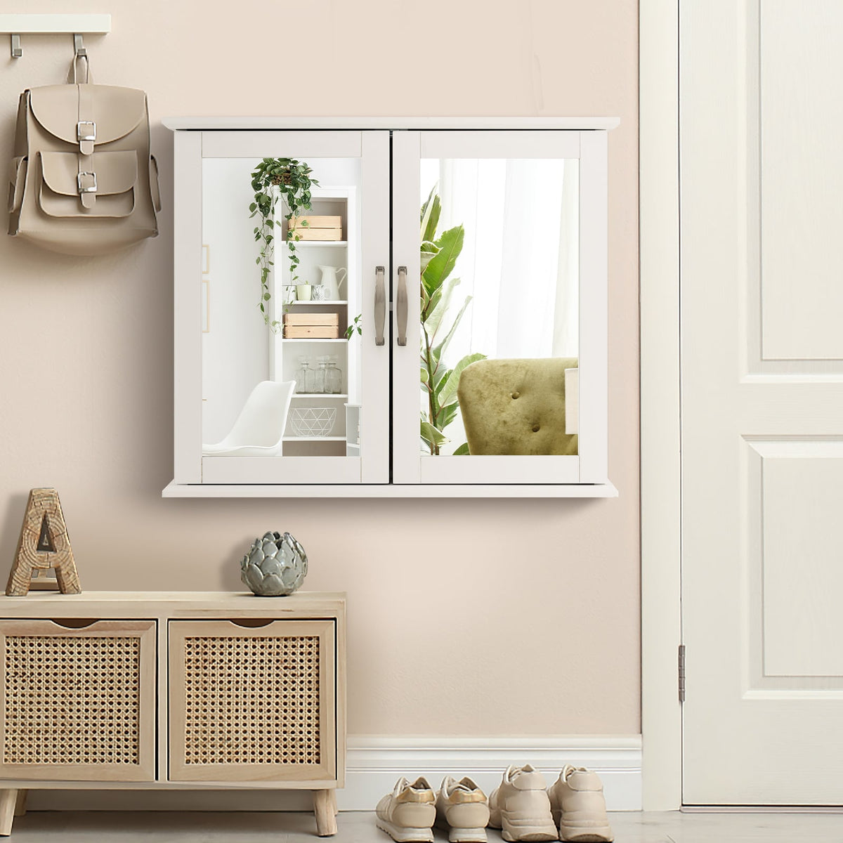 2-Tier Bathroom Wall-Mounted Mirror Storage Cabinet - White-Wall Cabinets-DECOROLALA