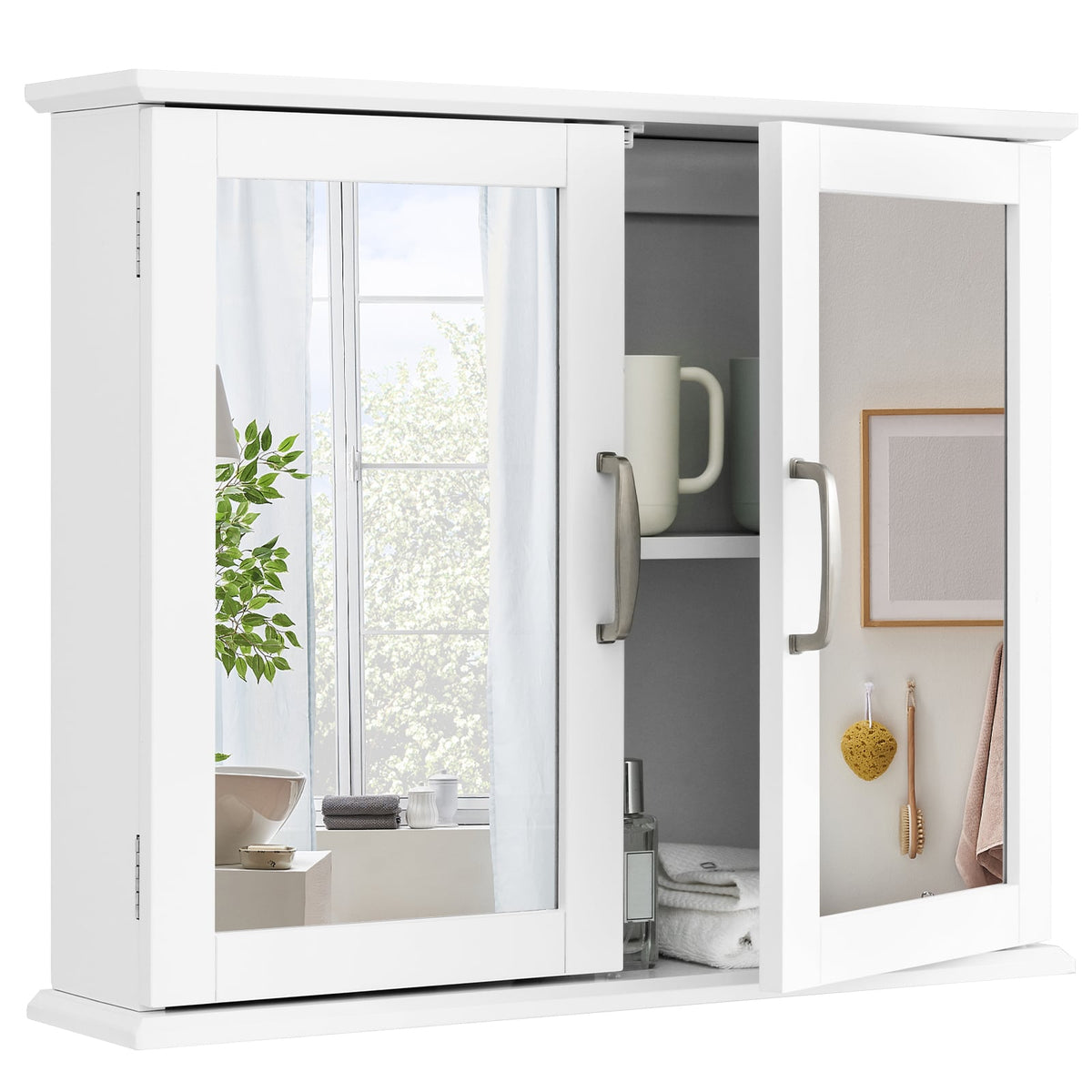 2-Tier Bathroom Wall-Mounted Mirror Storage Cabinet - White-Wall Cabinets-DECOROLALA