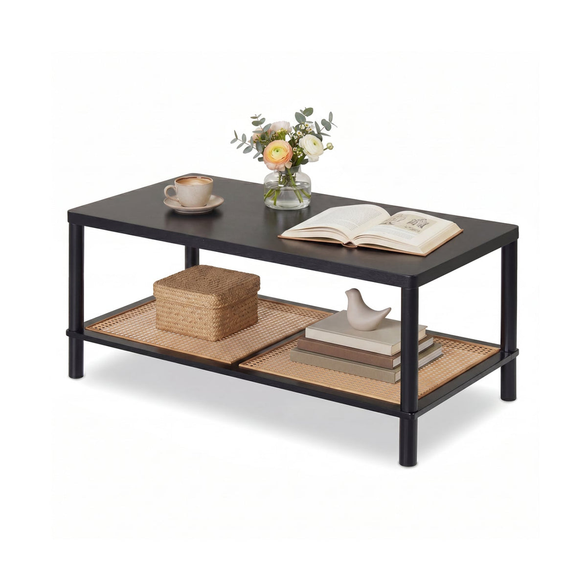 2-Tier Boho Coffee Table for Living Room Rectangular Center Table with Rubber Wood Frame and PVC Rattan Storage Shelf-Black-Coffee Tables-DECOROLALA