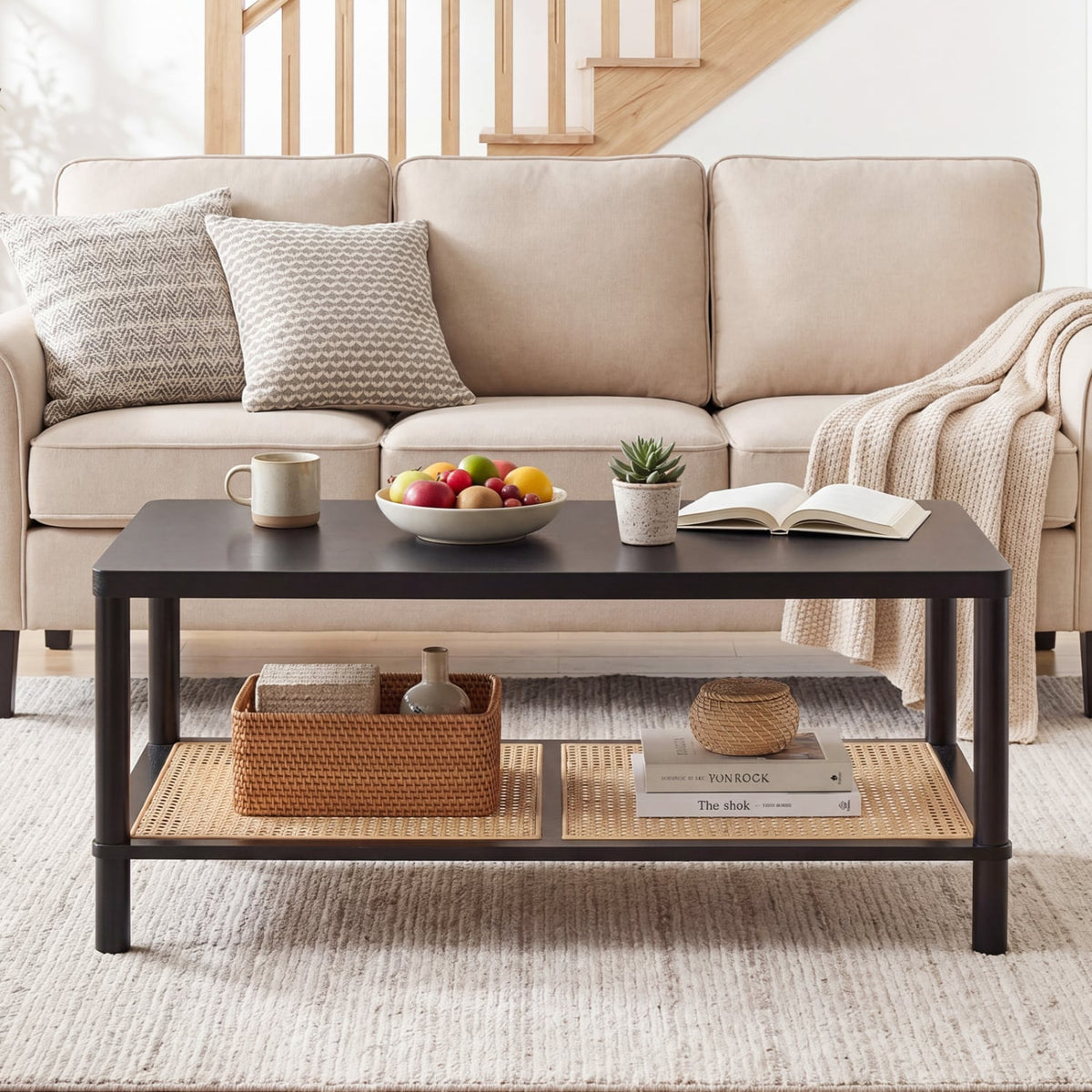 2-Tier Boho Coffee Table for Living Room Rectangular Center Table with Rubber Wood Frame and PVC Rattan Storage Shelf-Black-Coffee Tables-DECOROLALA