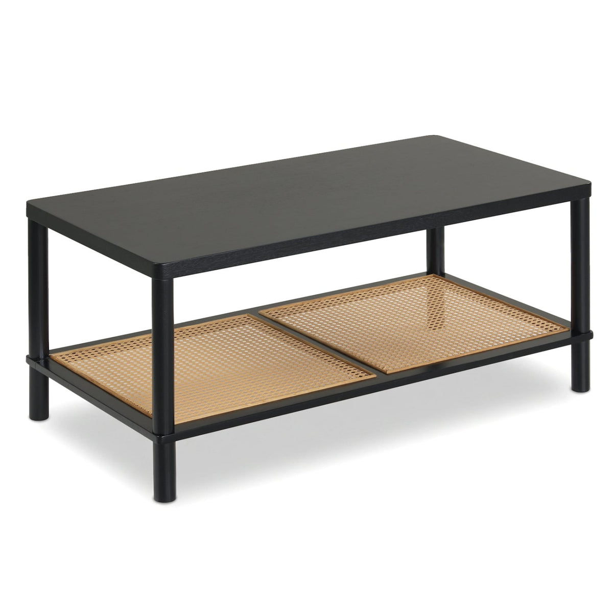 2-Tier Boho Coffee Table for Living Room Rectangular Center Table with Rubber Wood Frame and PVC Rattan Storage Shelf-Black-Coffee Tables-DECOROLALA