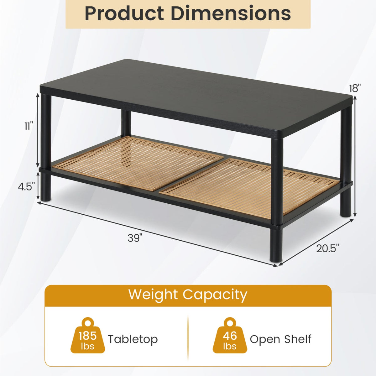 2-Tier Boho Coffee Table for Living Room Rectangular Center Table with Rubber Wood Frame and PVC Rattan Storage Shelf-Black-Coffee Tables-DECOROLALA