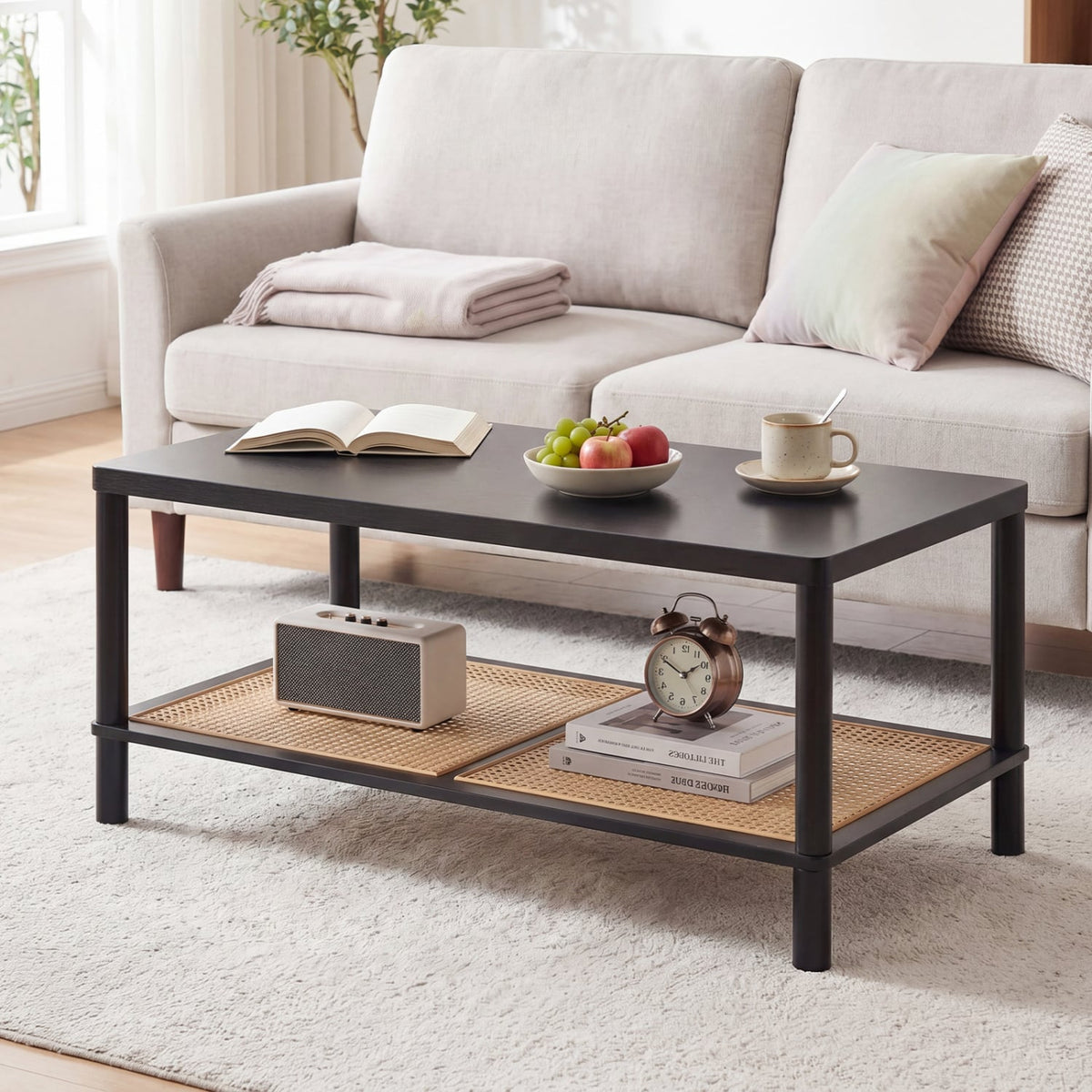 2-Tier Boho Coffee Table for Living Room Rectangular Center Table with Rubber Wood Frame and PVC Rattan Storage Shelf-Black-Coffee Tables-DECOROLALA