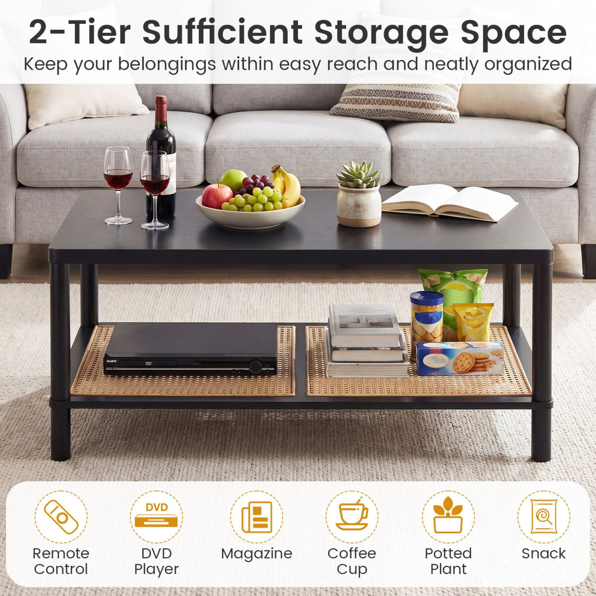 2-Tier Boho Coffee Table for Living Room Rectangular Center Table with Rubber Wood Frame and PVC Rattan Storage Shelf-Black-Coffee Tables-DECOROLALA