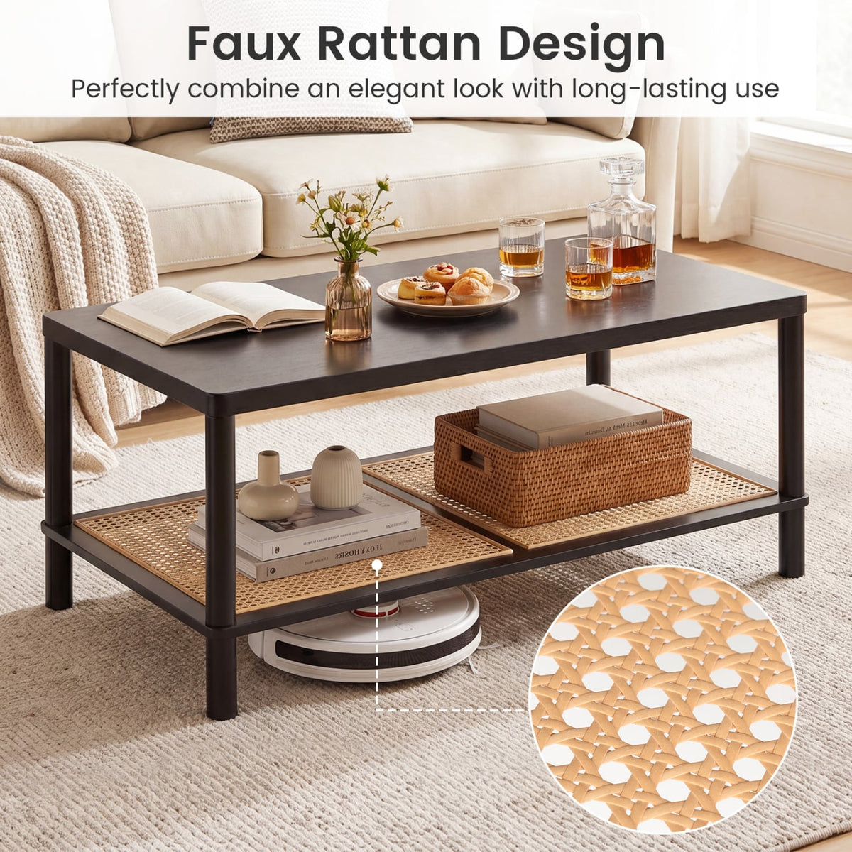 2-Tier Boho Coffee Table for Living Room Rectangular Center Table with Rubber Wood Frame and PVC Rattan Storage Shelf-Black-Coffee Tables-DECOROLALA