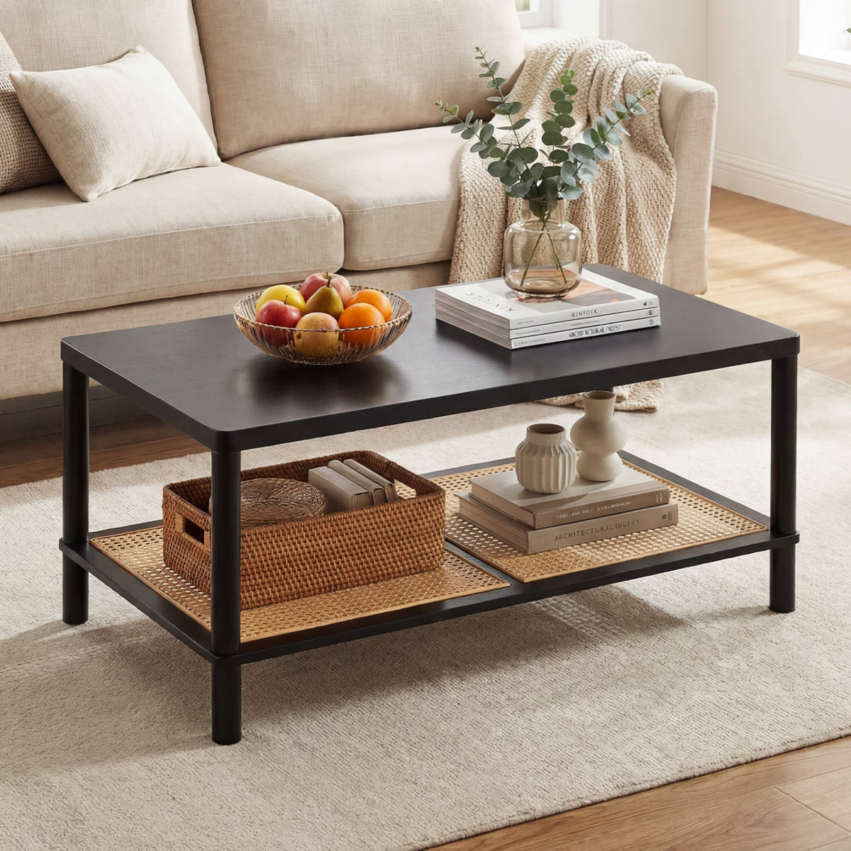 2-Tier Boho Coffee Table for Living Room Rectangular Center Table with Rubber Wood Frame and PVC Rattan Storage Shelf-Black-Coffee Tables-DECOROLALA