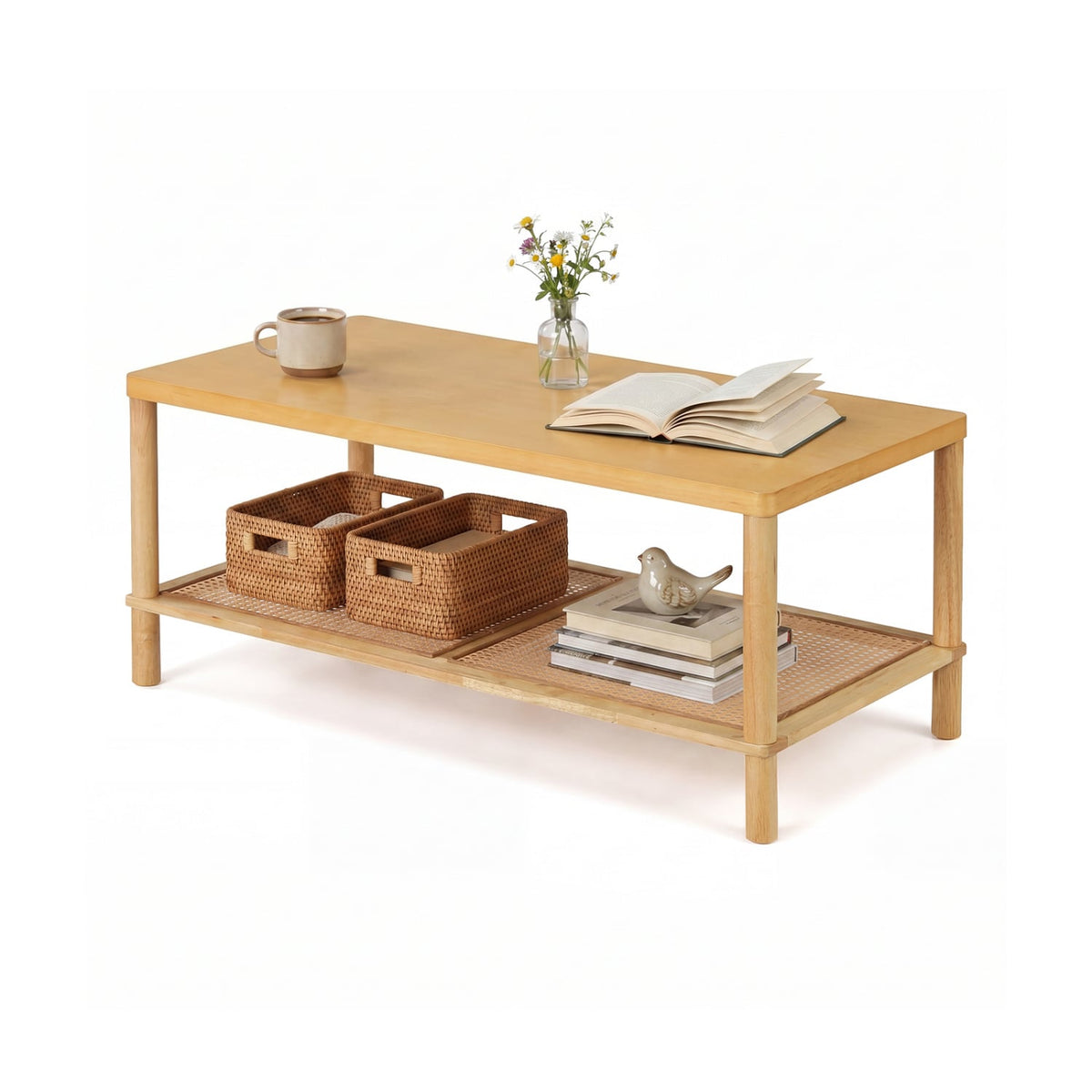 2-Tier Boho Coffee Table for Living Room Rectangular Center Table with Rubber Wood Frame and PVC Rattan Storage Shelf-Natural-Coffee Tables-DECOROLALA