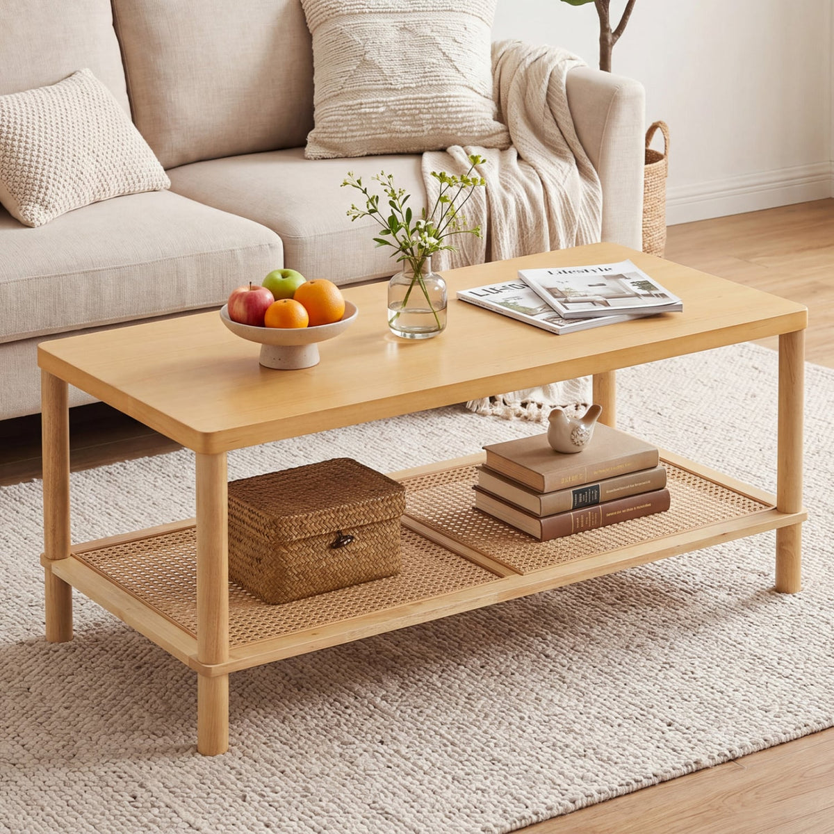 2-Tier Boho Coffee Table for Living Room Rectangular Center Table with Rubber Wood Frame and PVC Rattan Storage Shelf-Natural-Coffee Tables-DECOROLALA