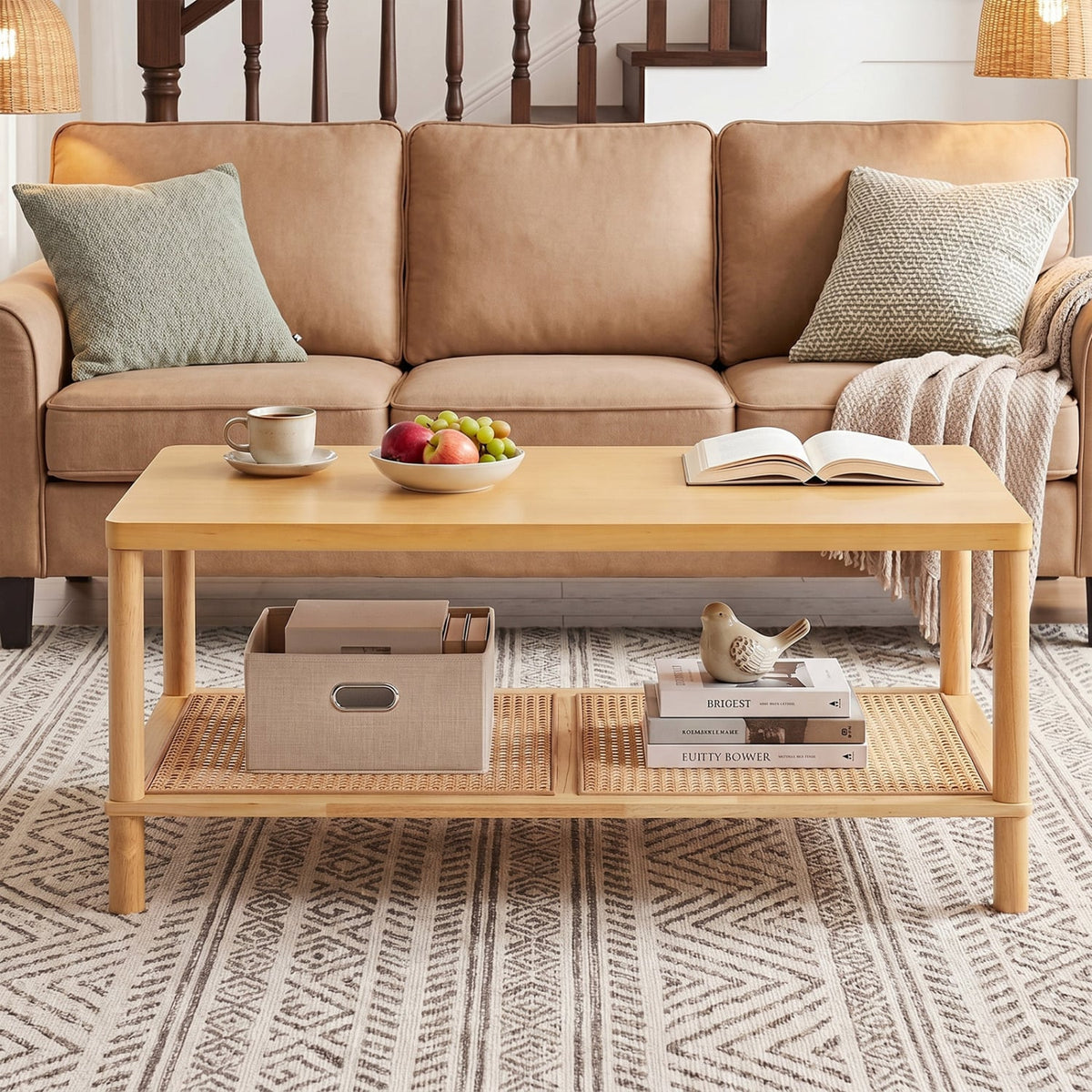 2-Tier Boho Coffee Table for Living Room Rectangular Center Table with Rubber Wood Frame and PVC Rattan Storage Shelf-Natural-Coffee Tables-DECOROLALA