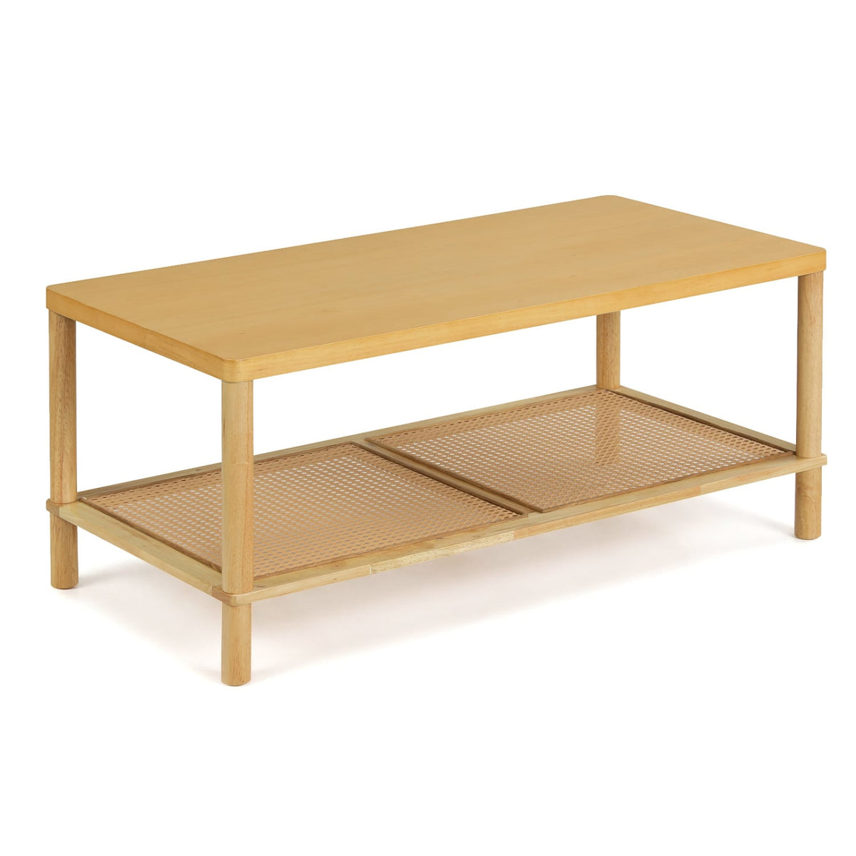 2-Tier Boho Coffee Table for Living Room Rectangular Center Table with Rubber Wood Frame and PVC Rattan Storage Shelf-Natural-Coffee Tables-DECOROLALA