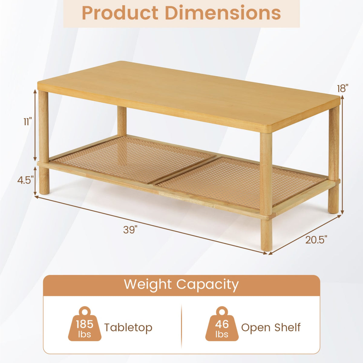 2-Tier Boho Coffee Table for Living Room Rectangular Center Table with Rubber Wood Frame and PVC Rattan Storage Shelf-Natural-Coffee Tables-DECOROLALA
