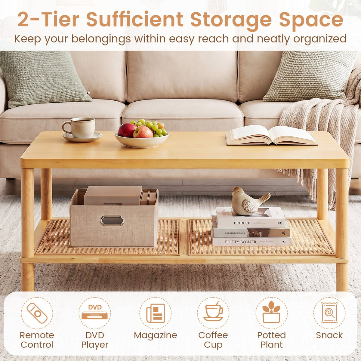2-Tier Boho Coffee Table for Living Room Rectangular Center Table with Rubber Wood Frame and PVC Rattan Storage Shelf-Natural-Coffee Tables-DECOROLALA