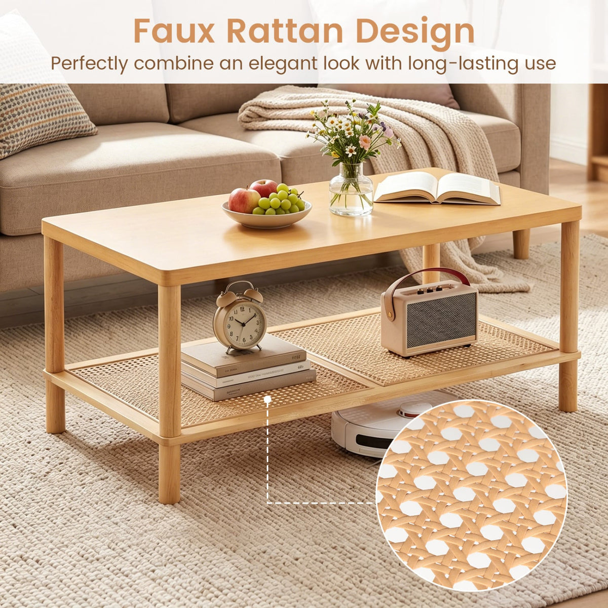 2-Tier Boho Coffee Table for Living Room Rectangular Center Table with Rubber Wood Frame and PVC Rattan Storage Shelf-Natural-Coffee Tables-DECOROLALA