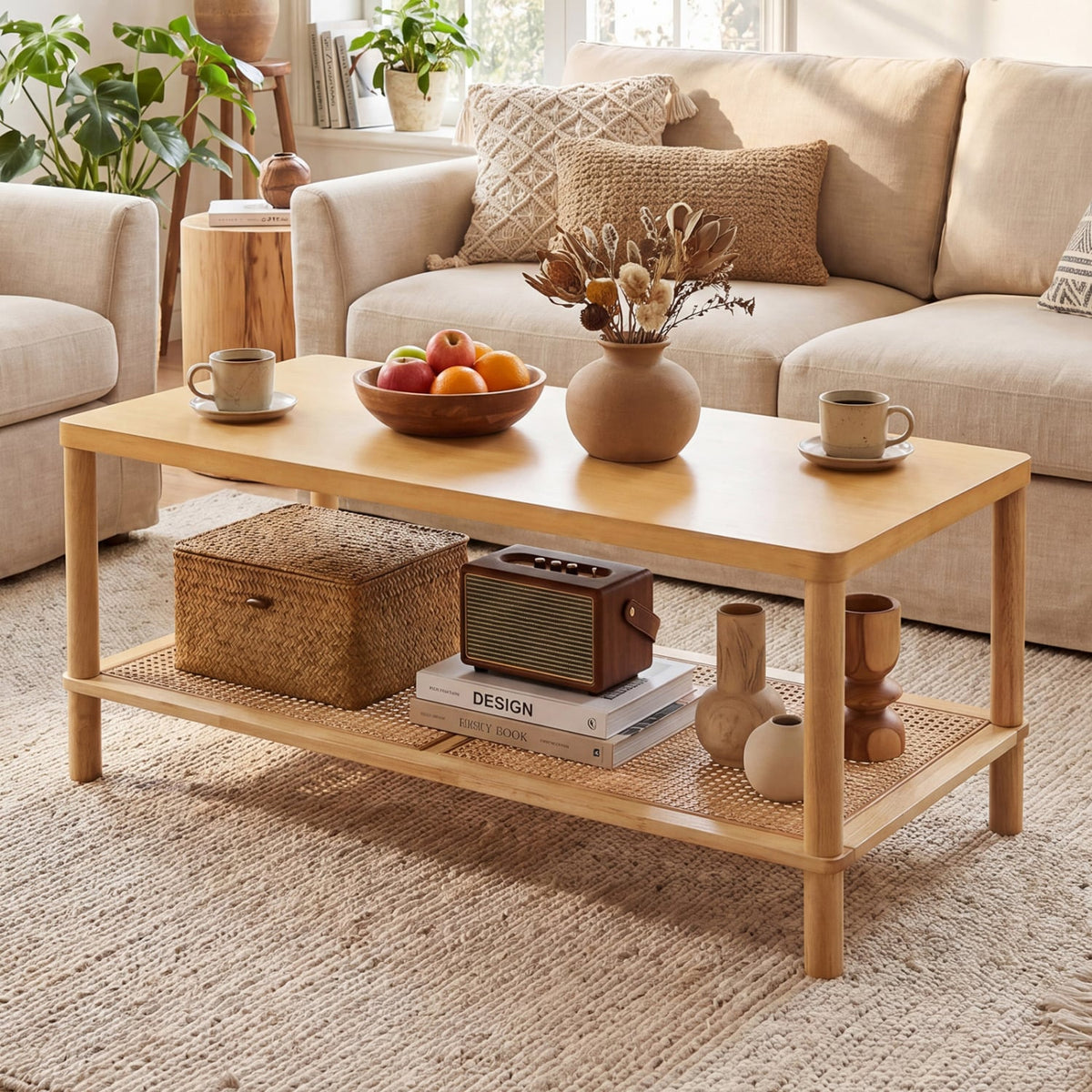 2-Tier Boho Coffee Table for Living Room Rectangular Center Table with Rubber Wood Frame and PVC Rattan Storage Shelf-Natural-Coffee Tables-DECOROLALA